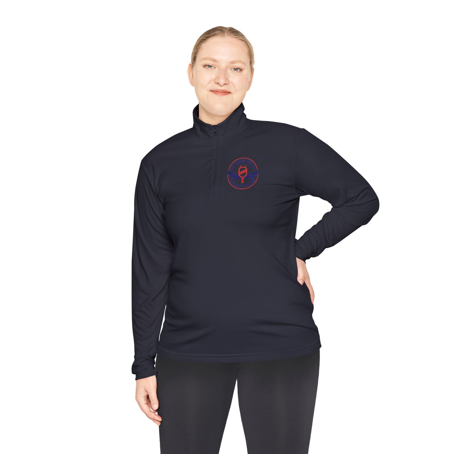 Sometimes they fly long Pickleball sleeve colored logo only performance sports navy blue women’s quarter-zip