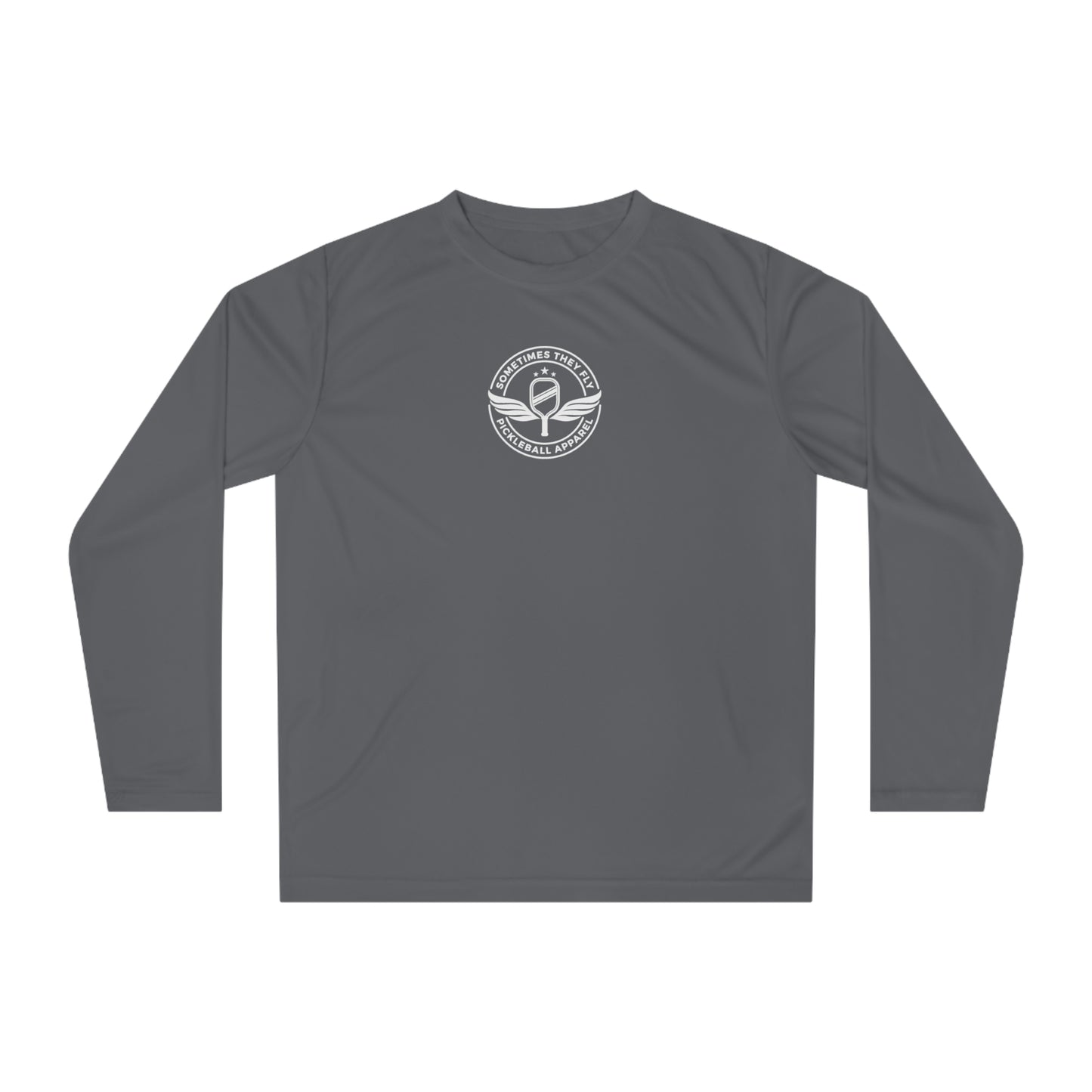 Sometimes they fly long sleeve Pickleball logo only performance sports shirt charcoal grey