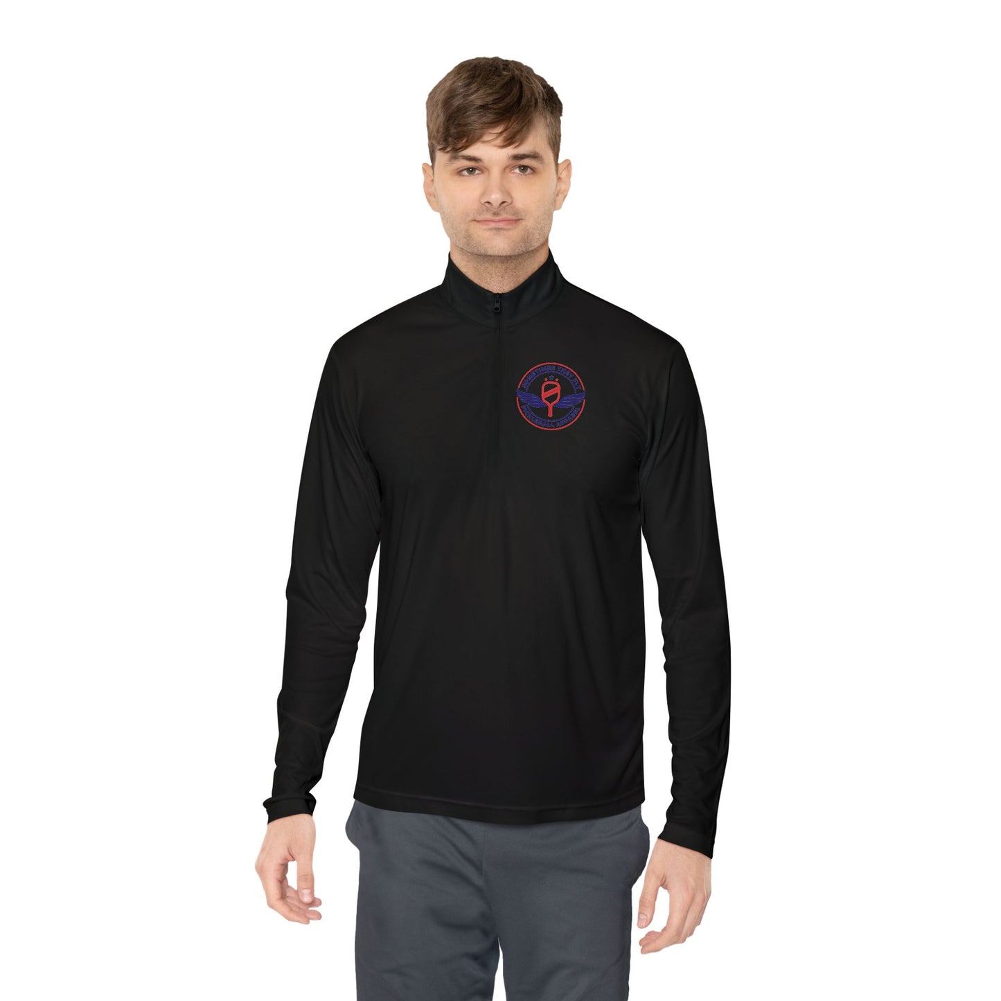 Sometimes they fly long Pickleball sleeve colored logo only performance sports black men’s quarter-zip