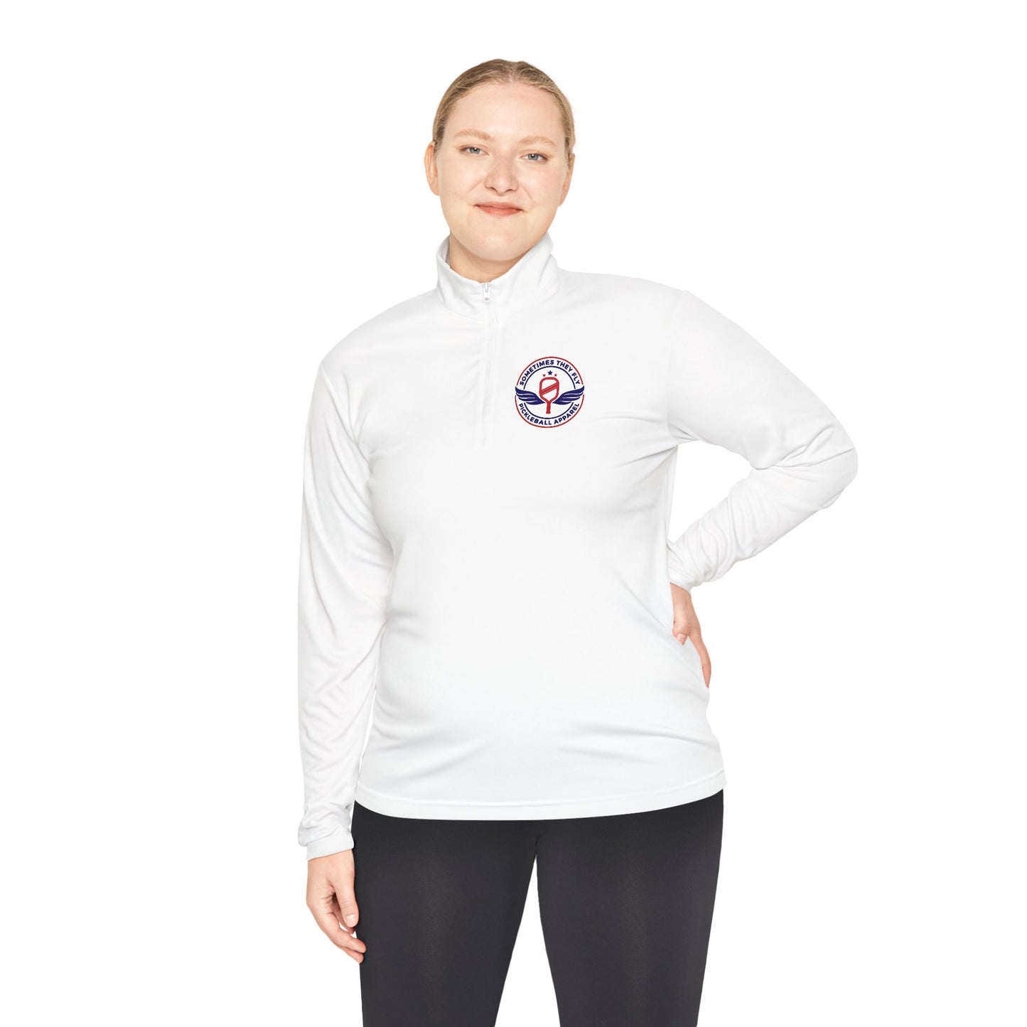 Sometimes they fly long Pickleball sleeve colored logo only performance sports white women’s quarter-zip