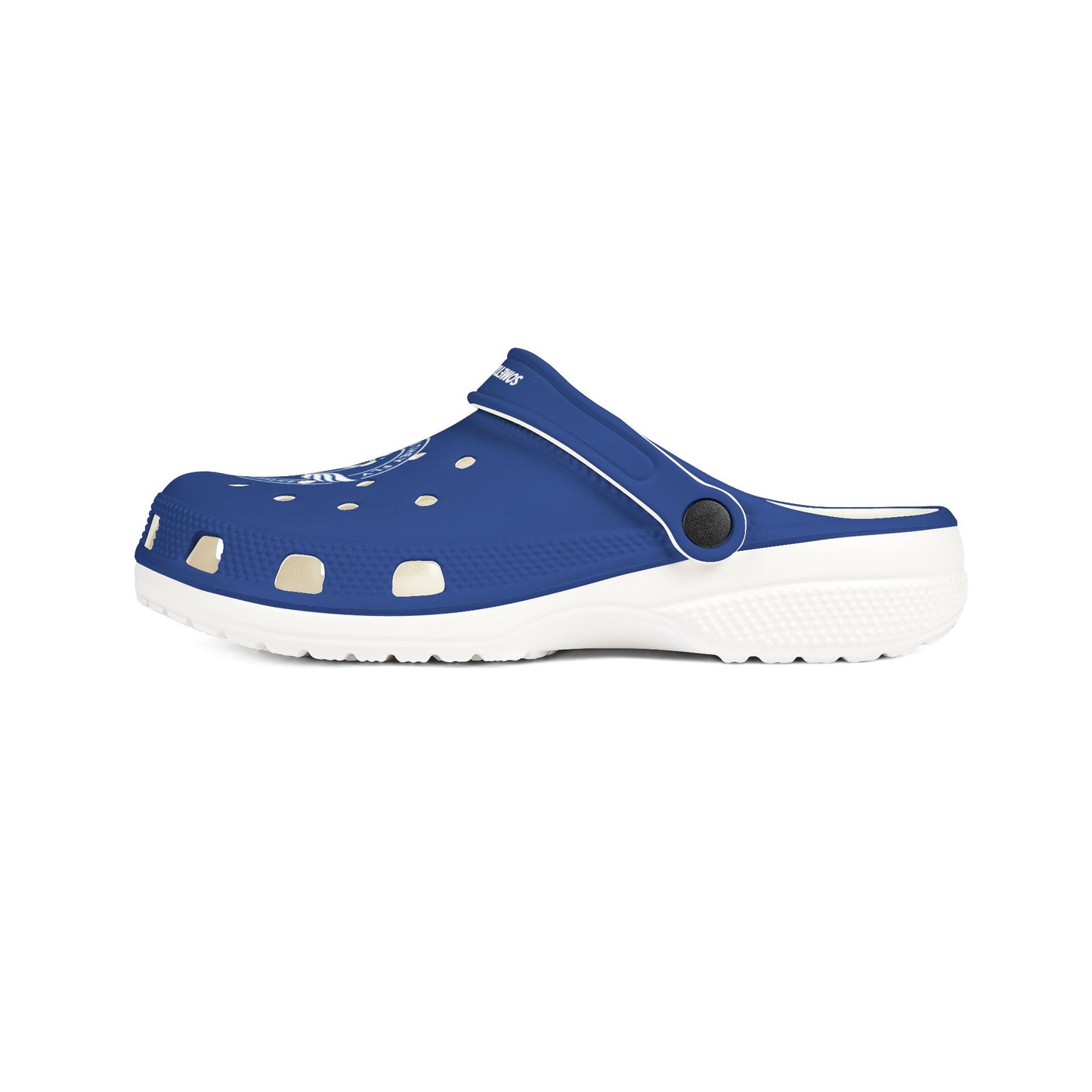 Blue and white croc
with a white background