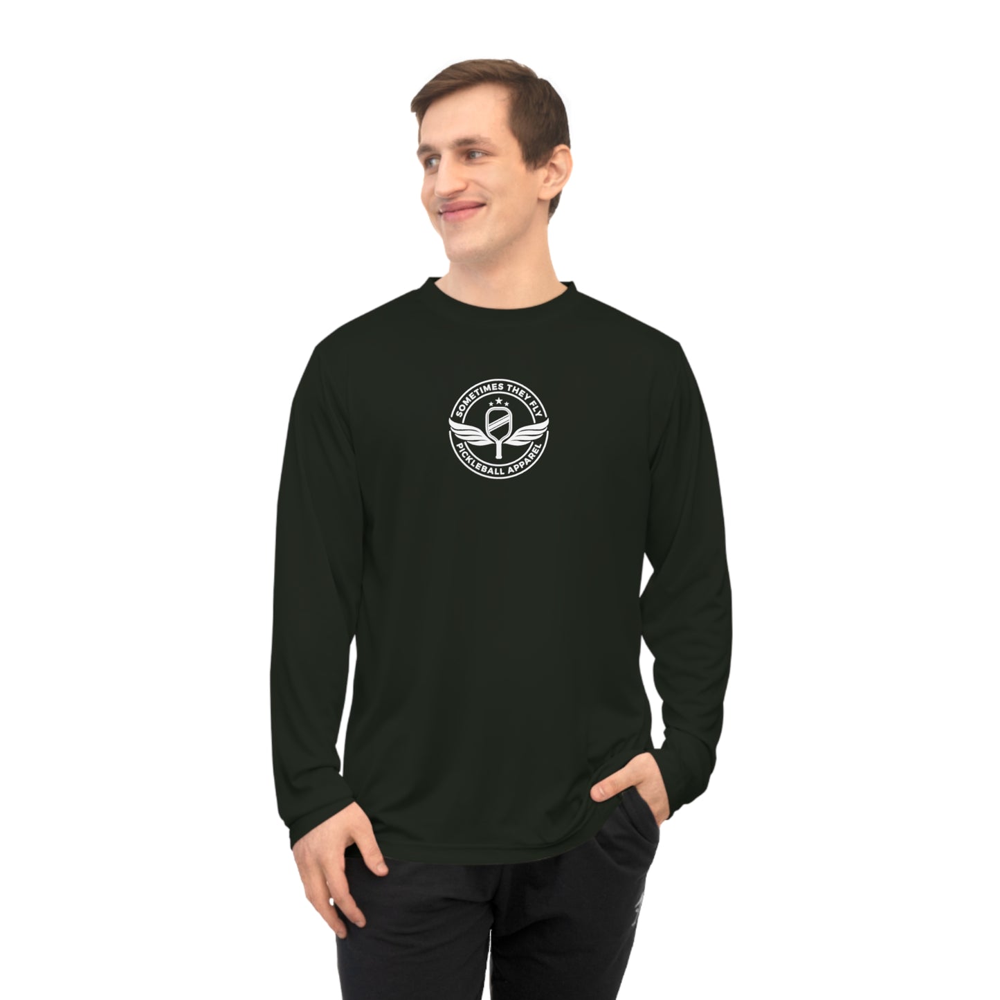 Sometimes they fly long sleeve Pickleball logo only Men’s performance sports shirt black