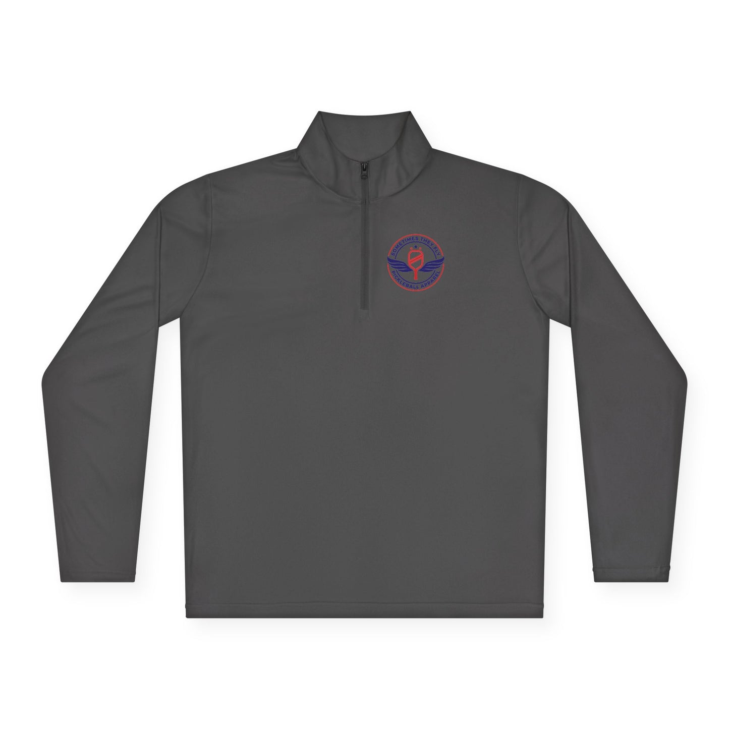 Sometimes they fly long Pickleball sleeve colored logo only performance sports quarter-zip Grey