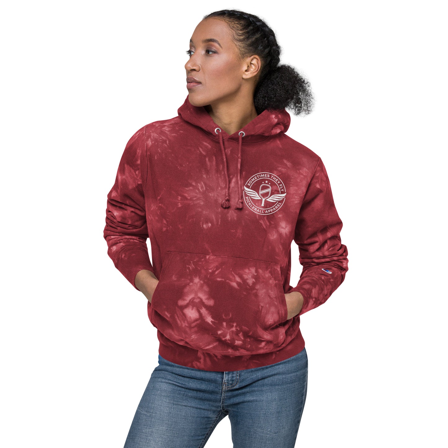 Sometimes they fly pickleball/comfort champion heavy sweatshirt hoodie mulled Berry red tie dye style women’s