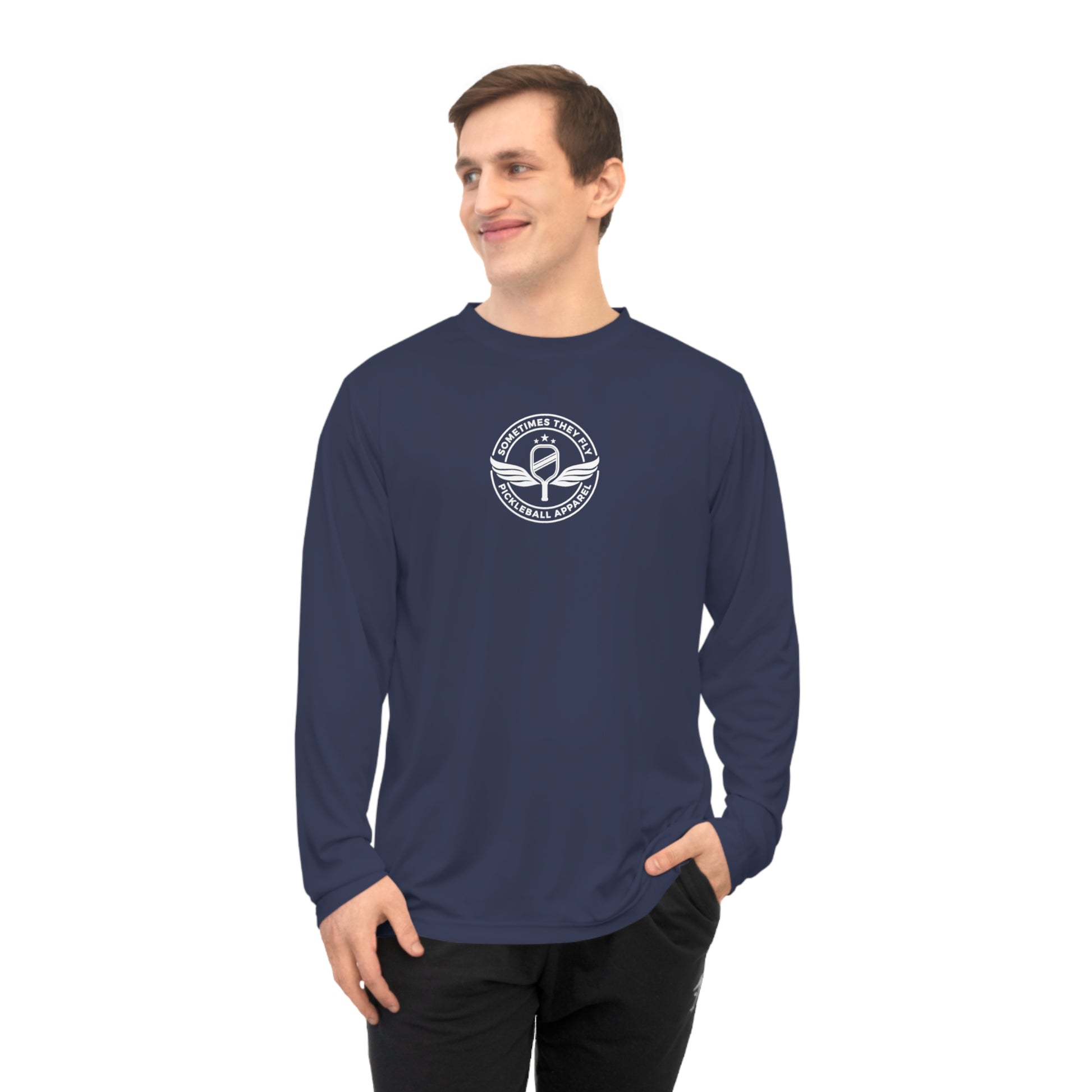 Sometimes they fly Pickleball long sleeve logo only Men’s performance sports shirt Navy Blue 