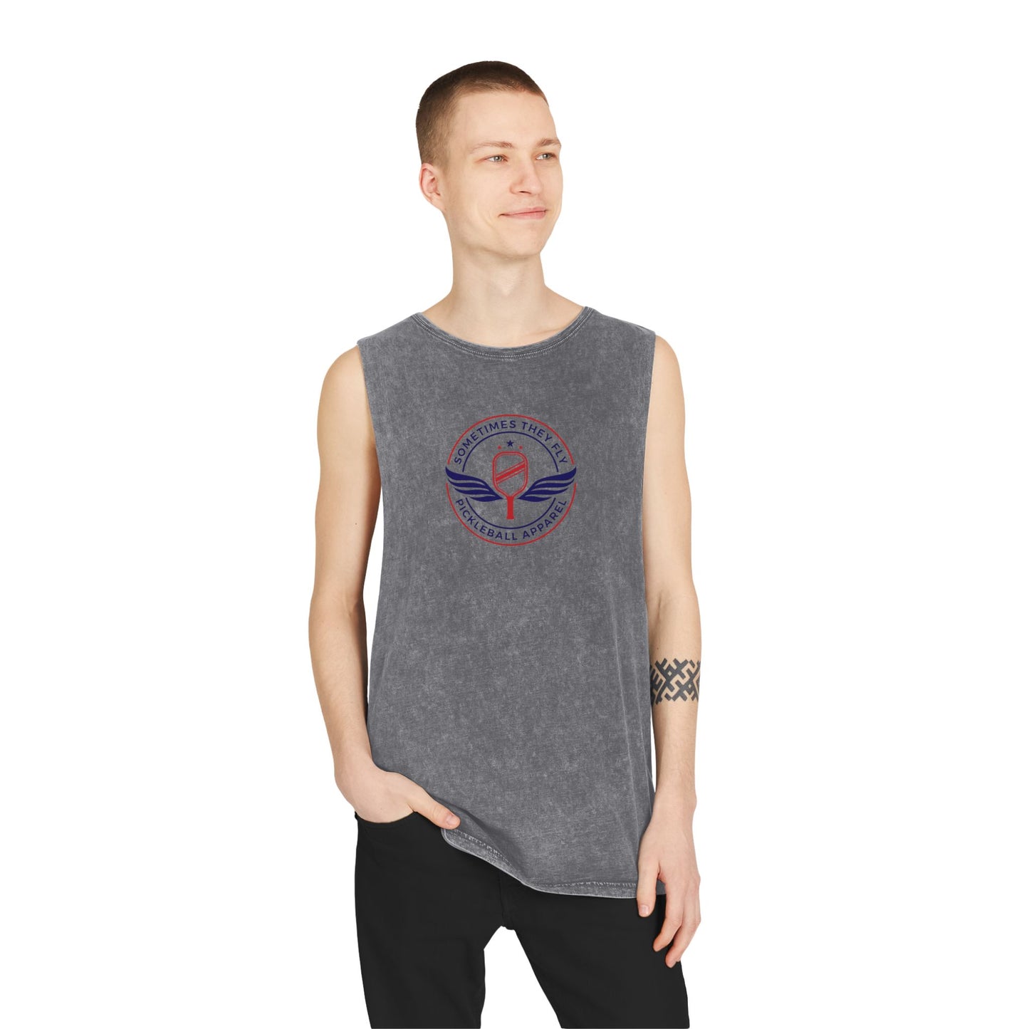 Sometimes they fly long Pickleball/gym men’s muscle tank grey colored logo
