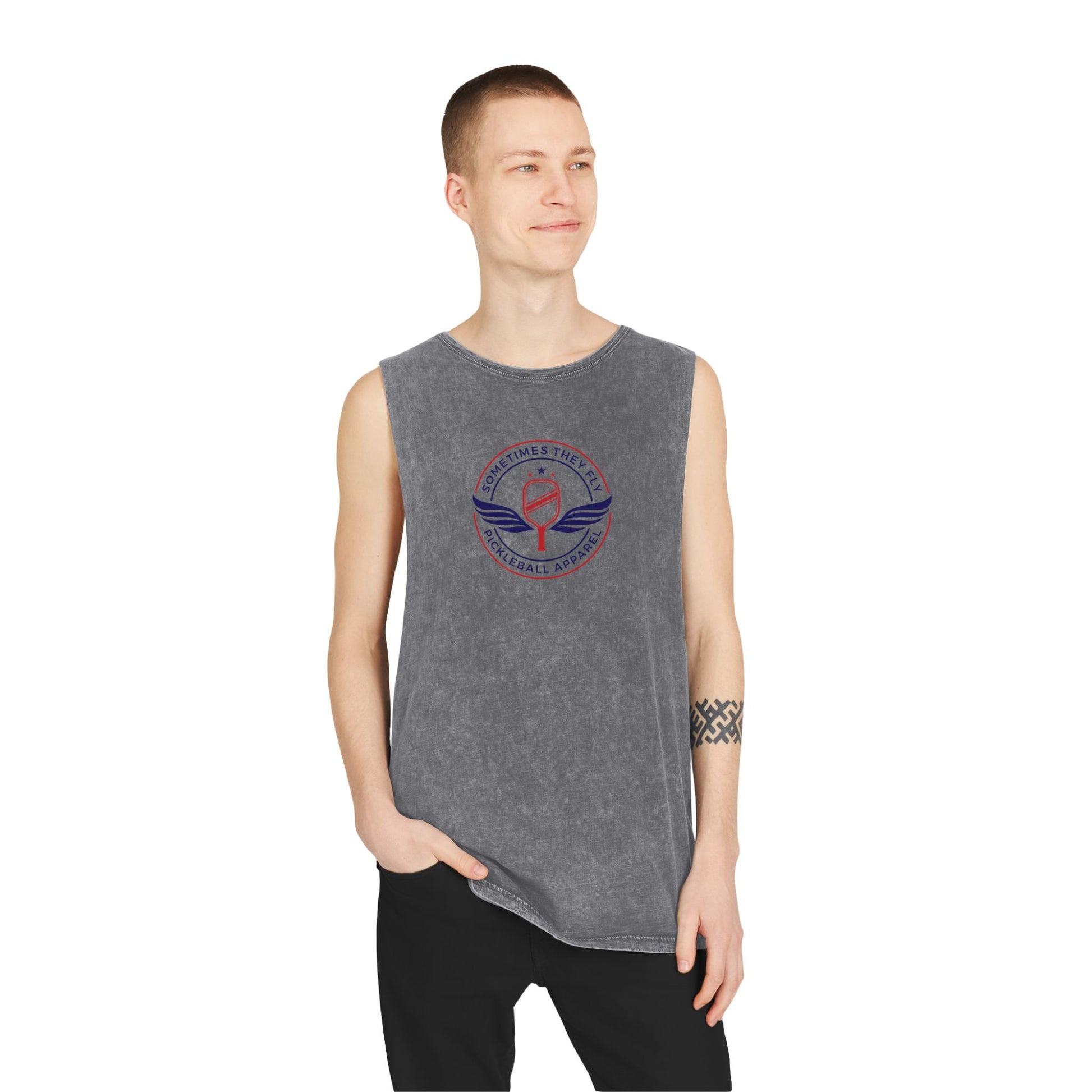 Sometimes they fly long Pickleball/gym men’s muscle tank grey colored logo
