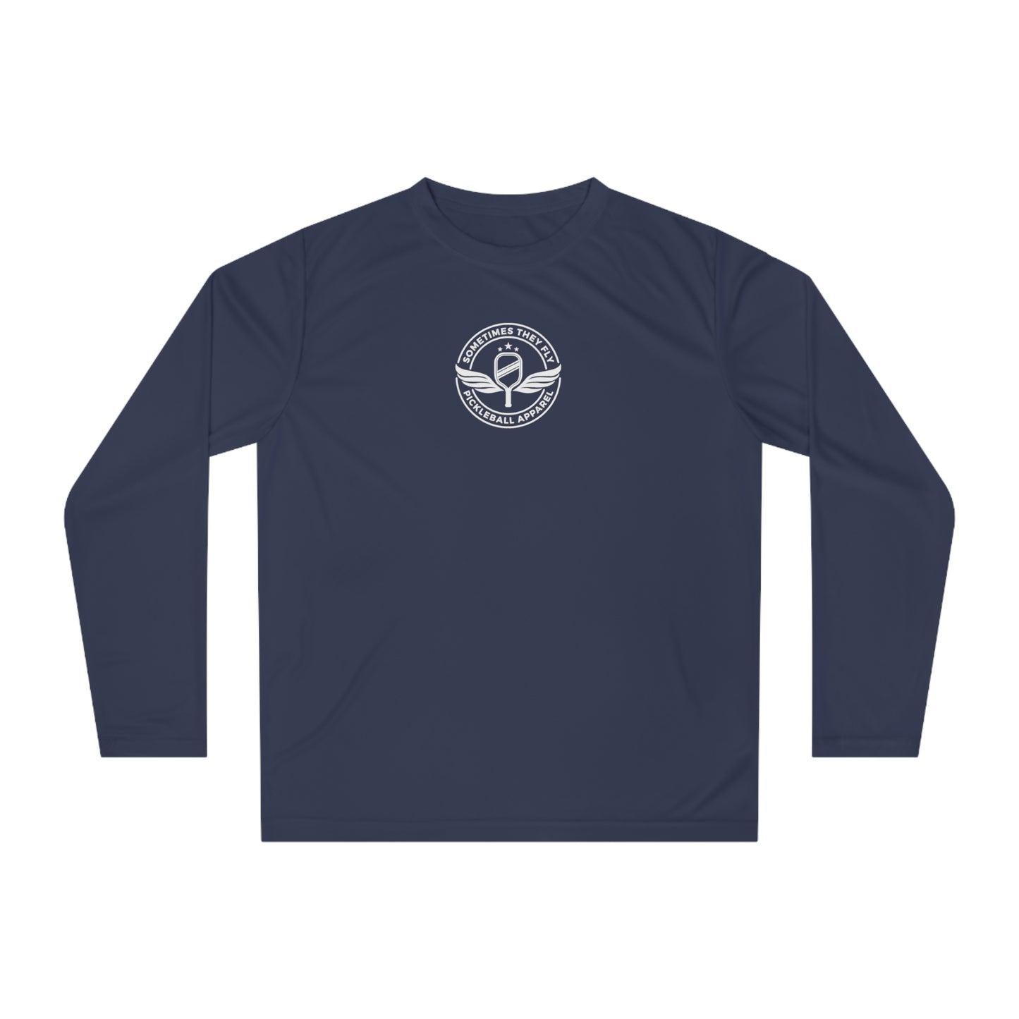 Sometimes they fly long sleeve Pickleball logo only performance sports shirt navy blue 