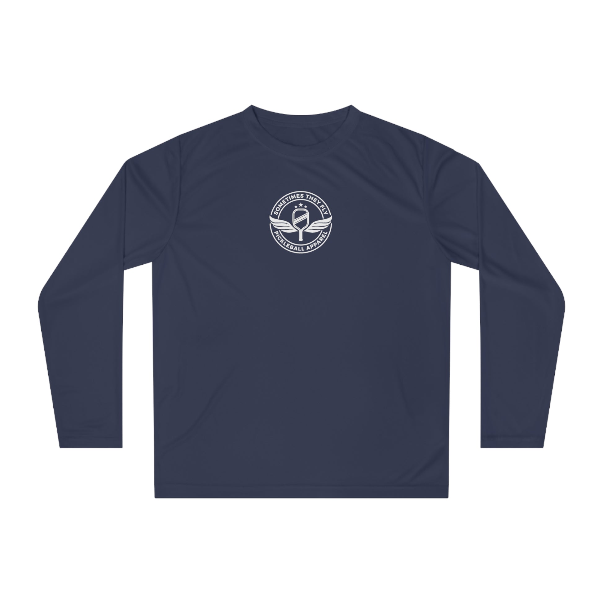 Sometimes they fly long sleeve Pickleball logo only performance sports shirt navy blue 