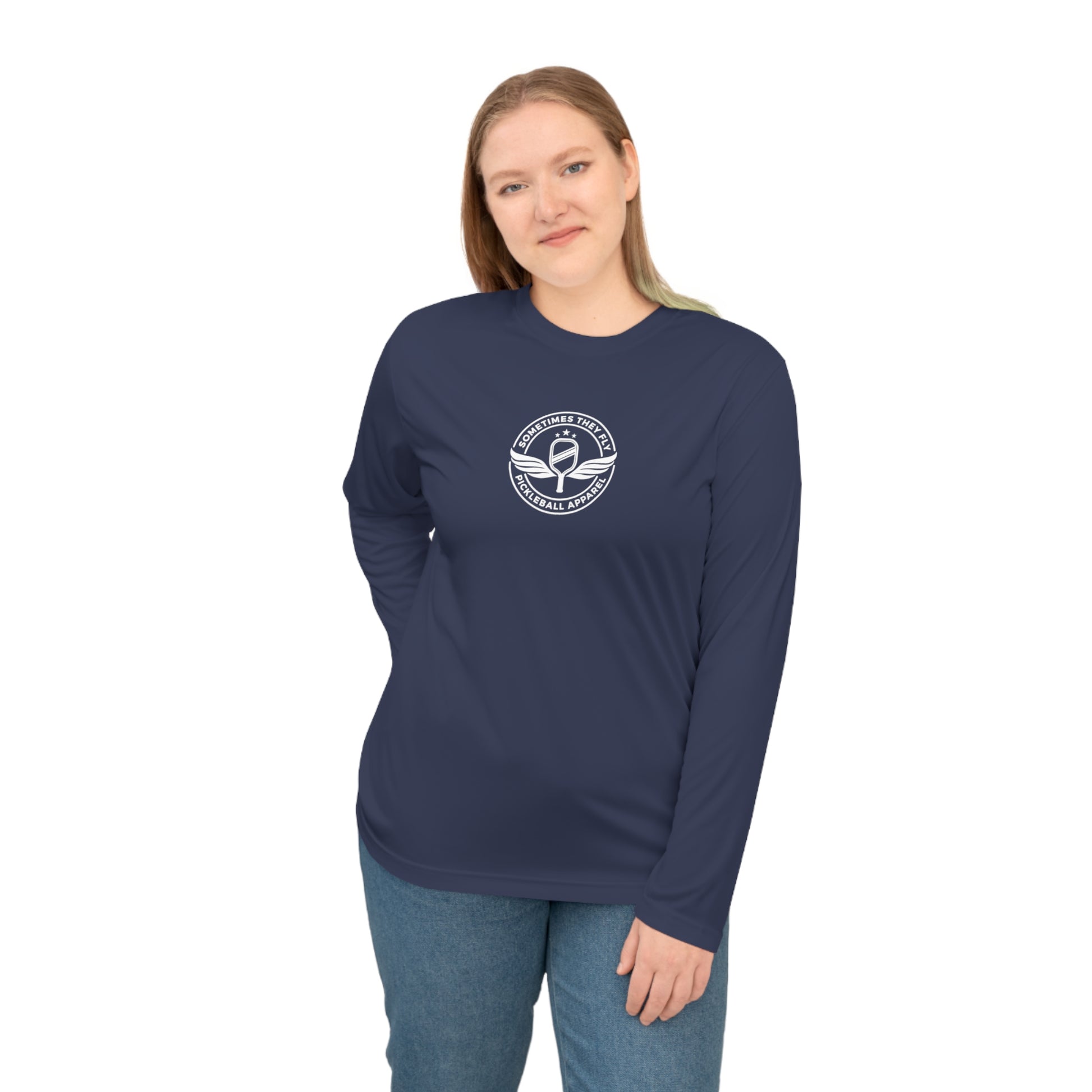 Sometimes they fly long sleeve Pickleball logo only women’s performance sports shirt navy blue 