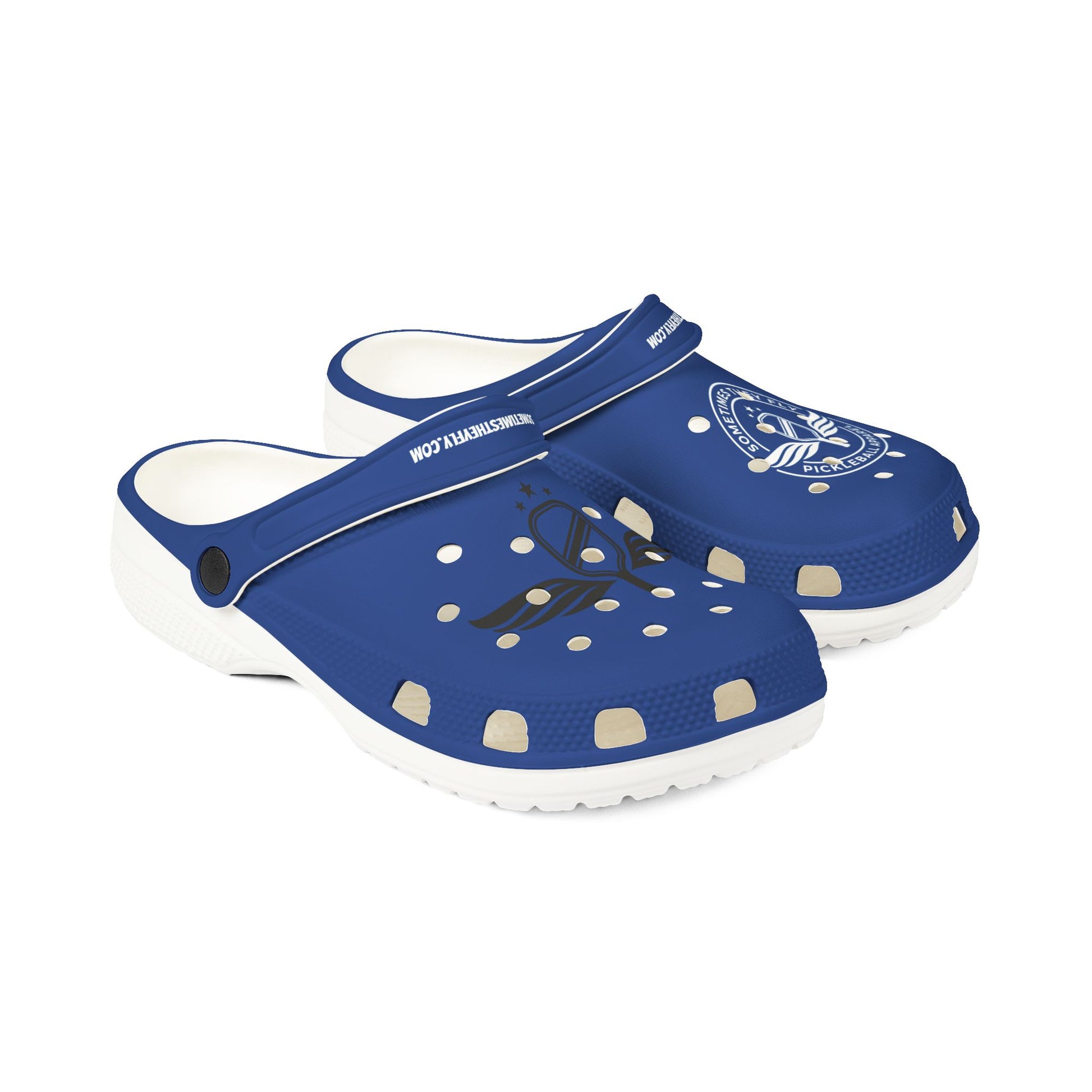 Blue clogs with white sole on a white background sometimes they fly pickleball apparel
