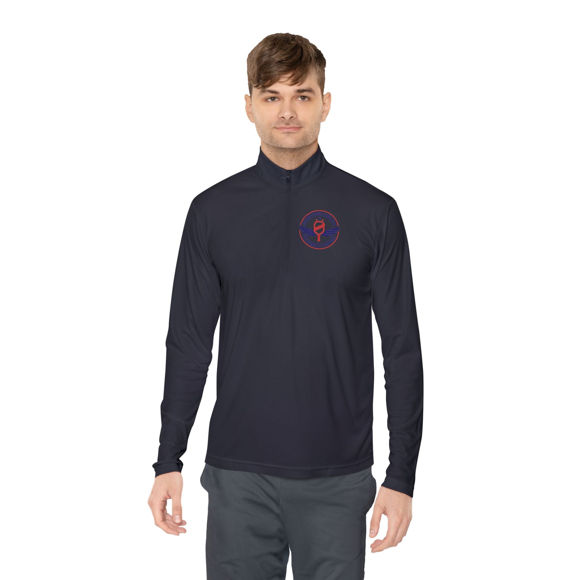 Sometimes they fly long Pickleball sleeve colored logo only performance sports navy blue men’s quarter-zip