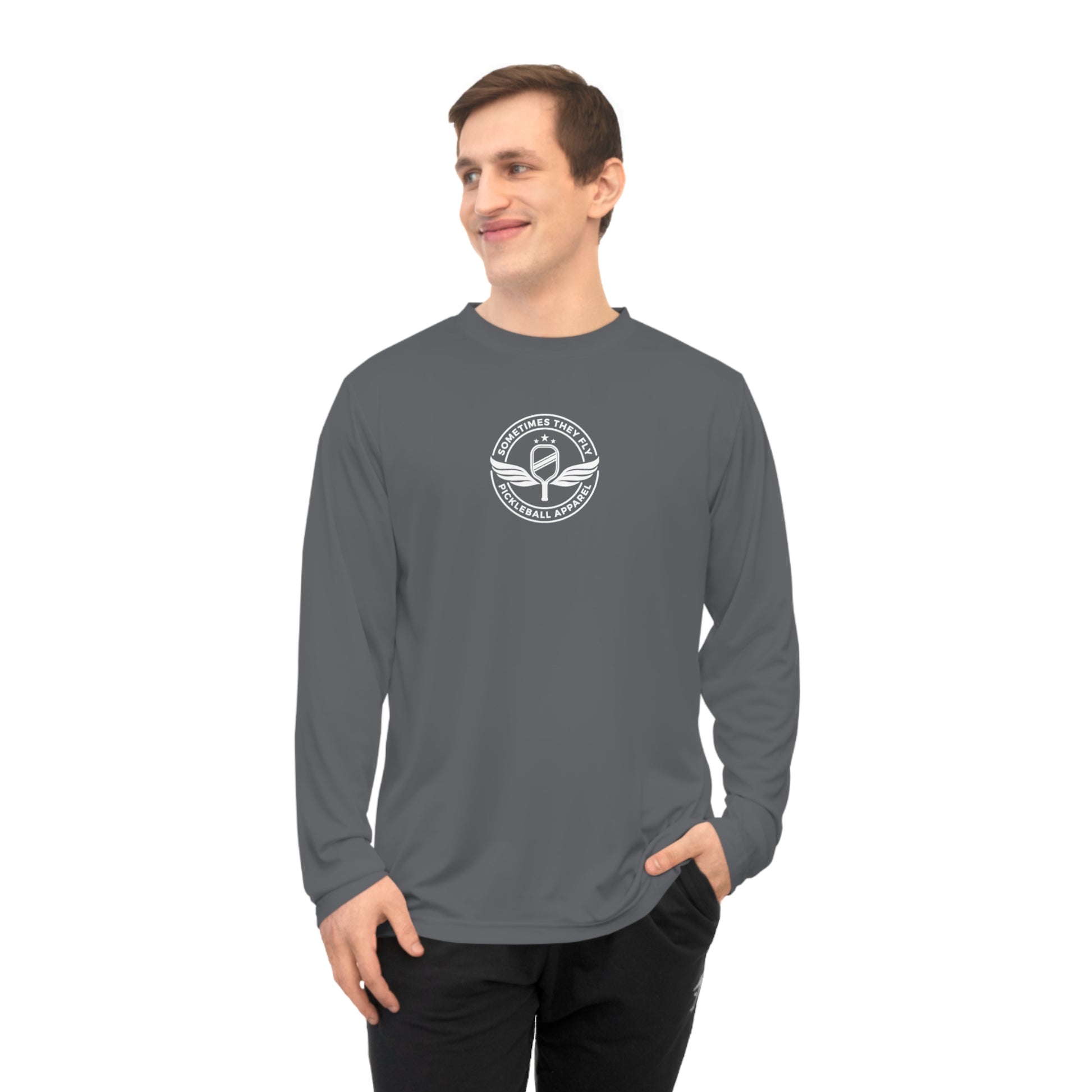 Sometimes they fly long sleeve Pickleball logo only Men’s performance sports shirt grey 