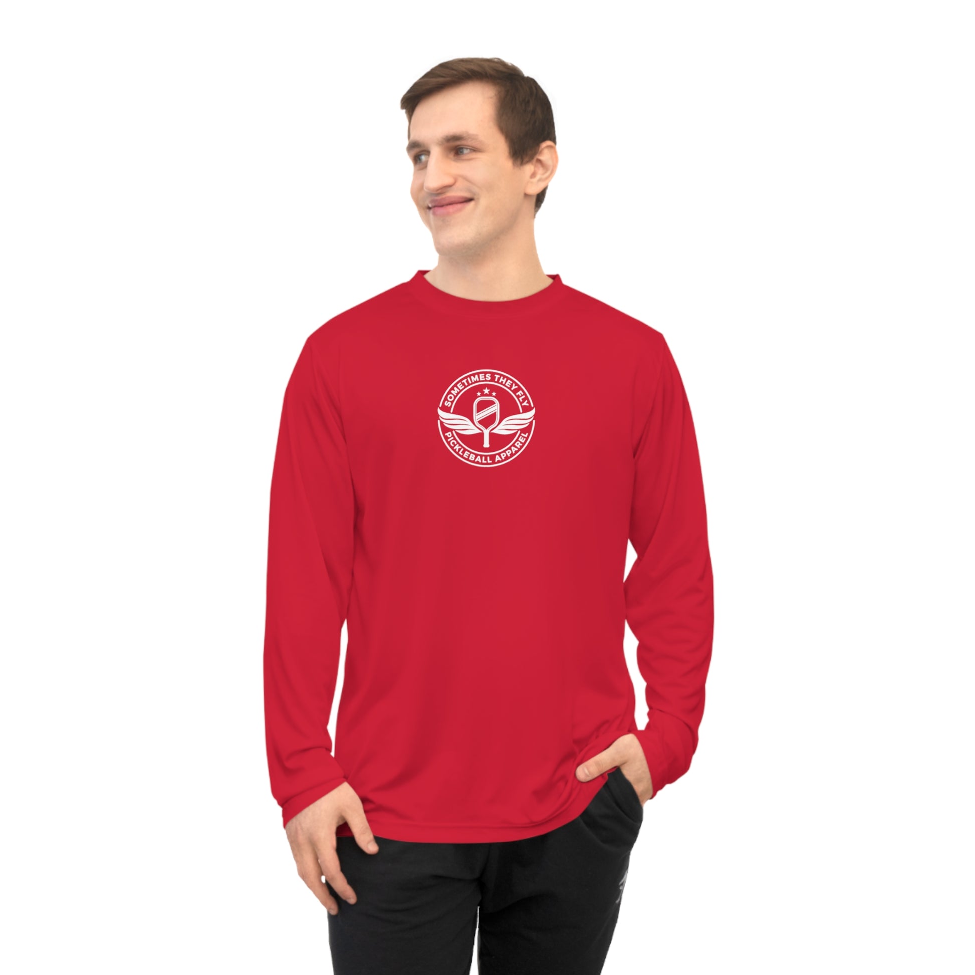 Sometimes they fly Pickleball long sleeve logo only Men’s performance sports shirt Crimson red