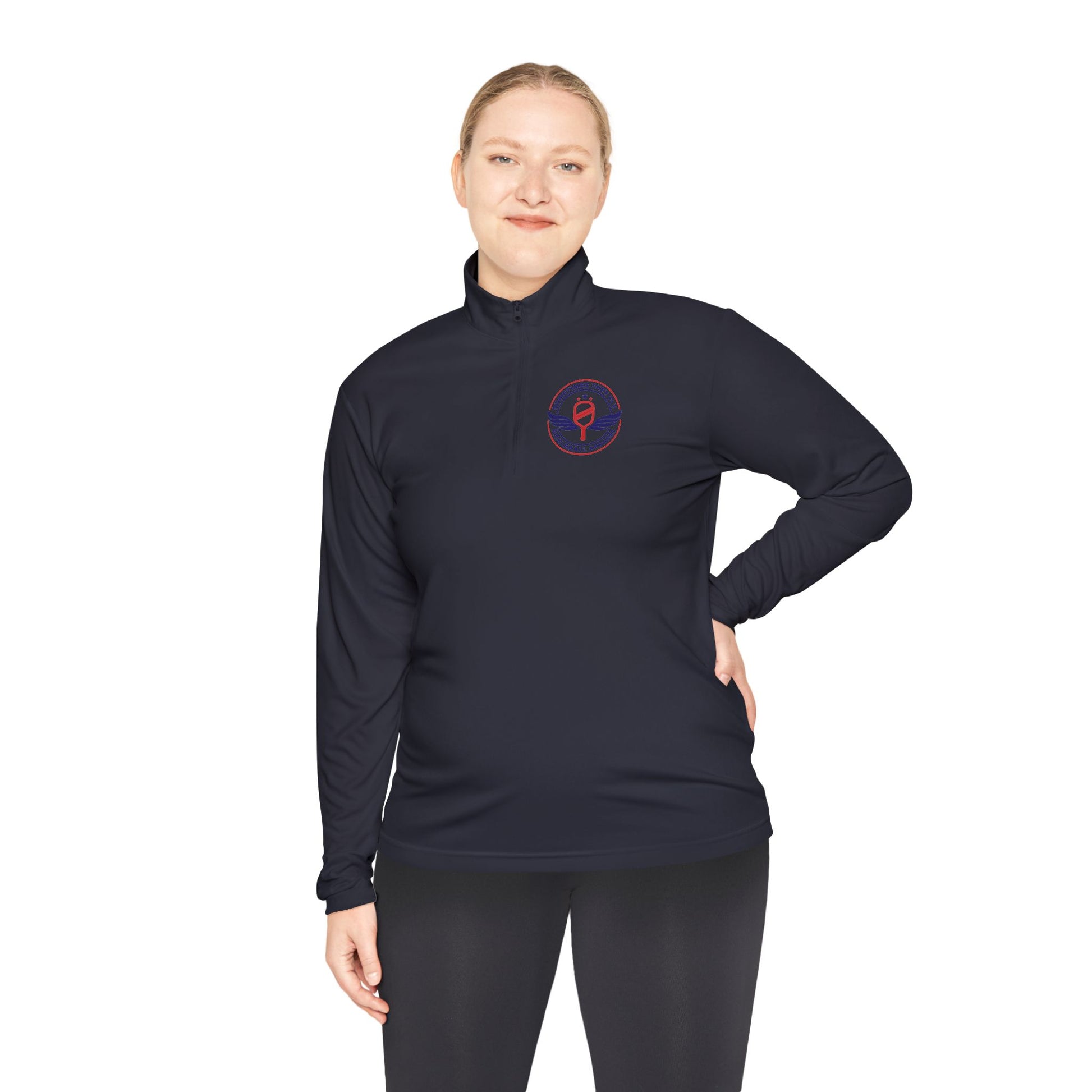 Sometimes they fly long Pickleball sleeve colored logo only performance sports navy blue women’s quarter-zip