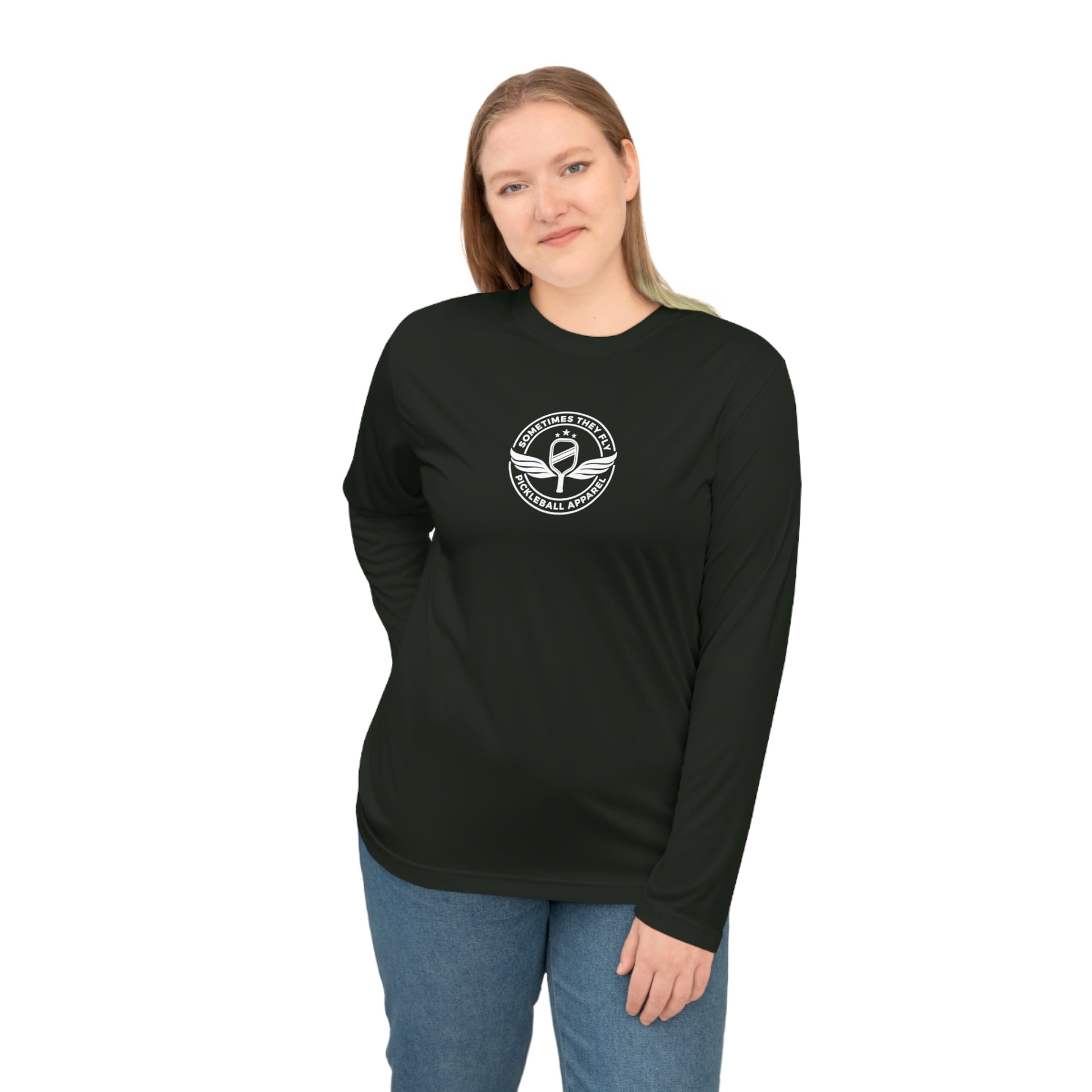 Sometimes they fly long sleeve Pickleball logo only women’s performance sports shirt black 