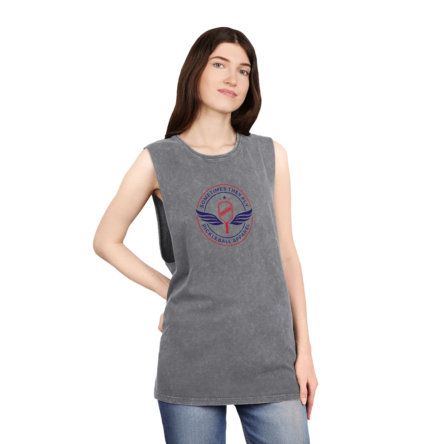 Sometimes they fly long Pickleball/gym women’s muscle tank grey colored logo