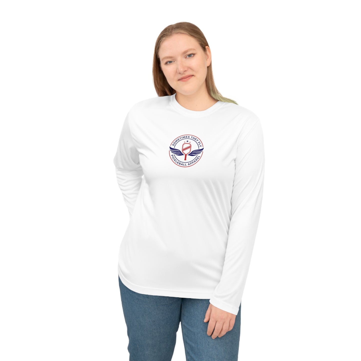 Sometimes they fly long Pickleball sleeve colored logo only women’s performance sports shirt white 