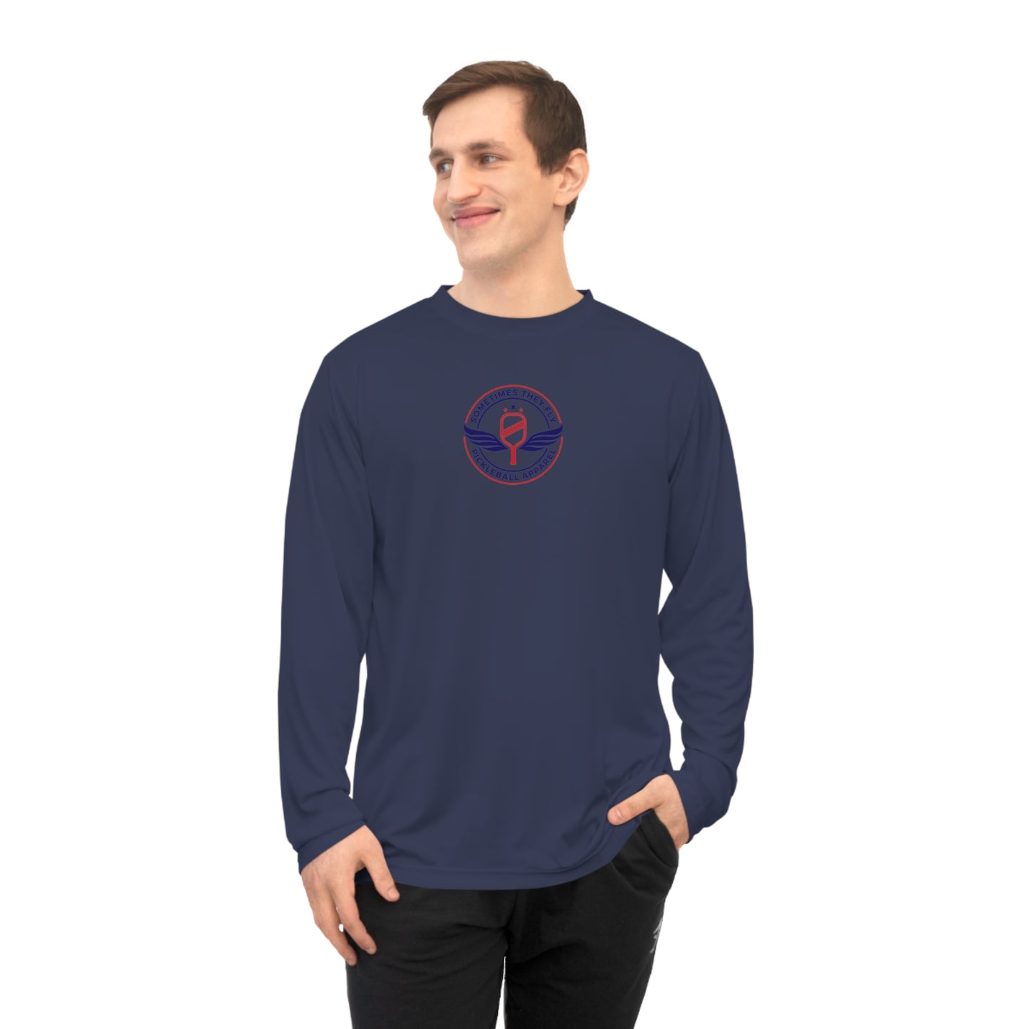 Sometimes they fly long Pickleball sleeve colored logo only Men’s performance sports shirt Navy Blue 