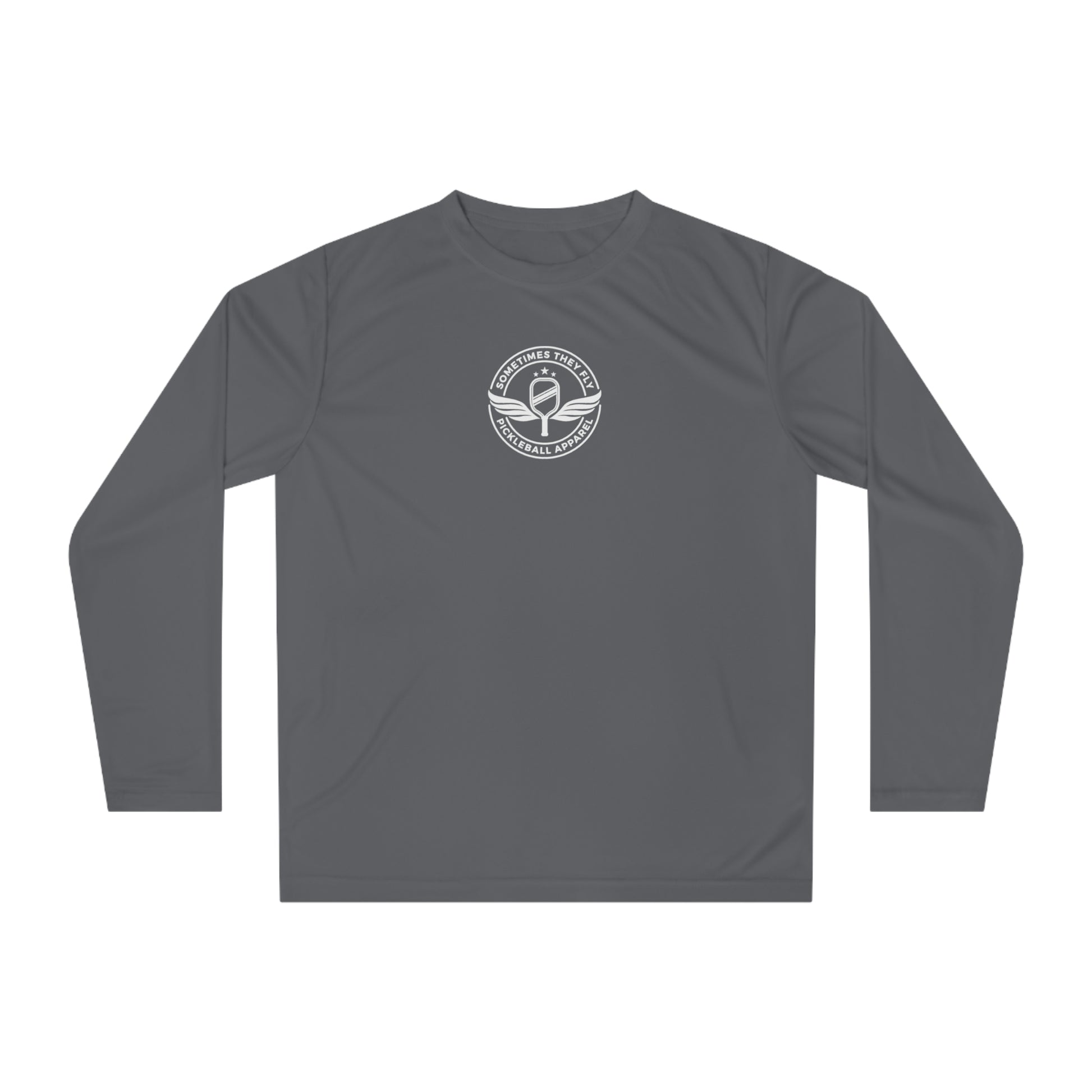 Sometimes they fly long sleeve Pickleball logo only performance sports shirt charcoal grey 