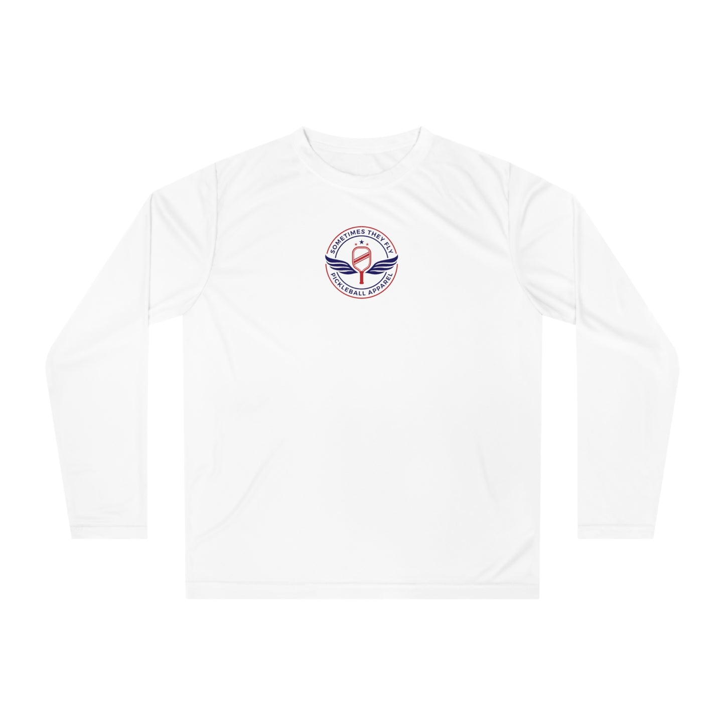 Sometimes they fly long Pickleball sleeve colored logo only performance sports shirt white 