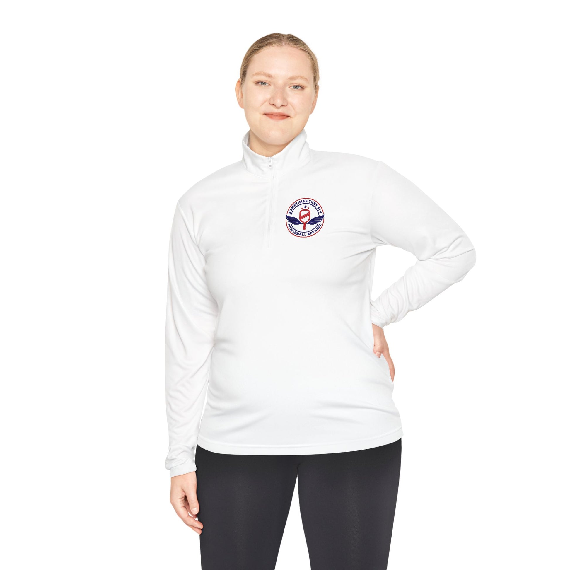 Sometimes they fly long Pickleball sleeve colored logo only performance sports white women’s quarter-zip