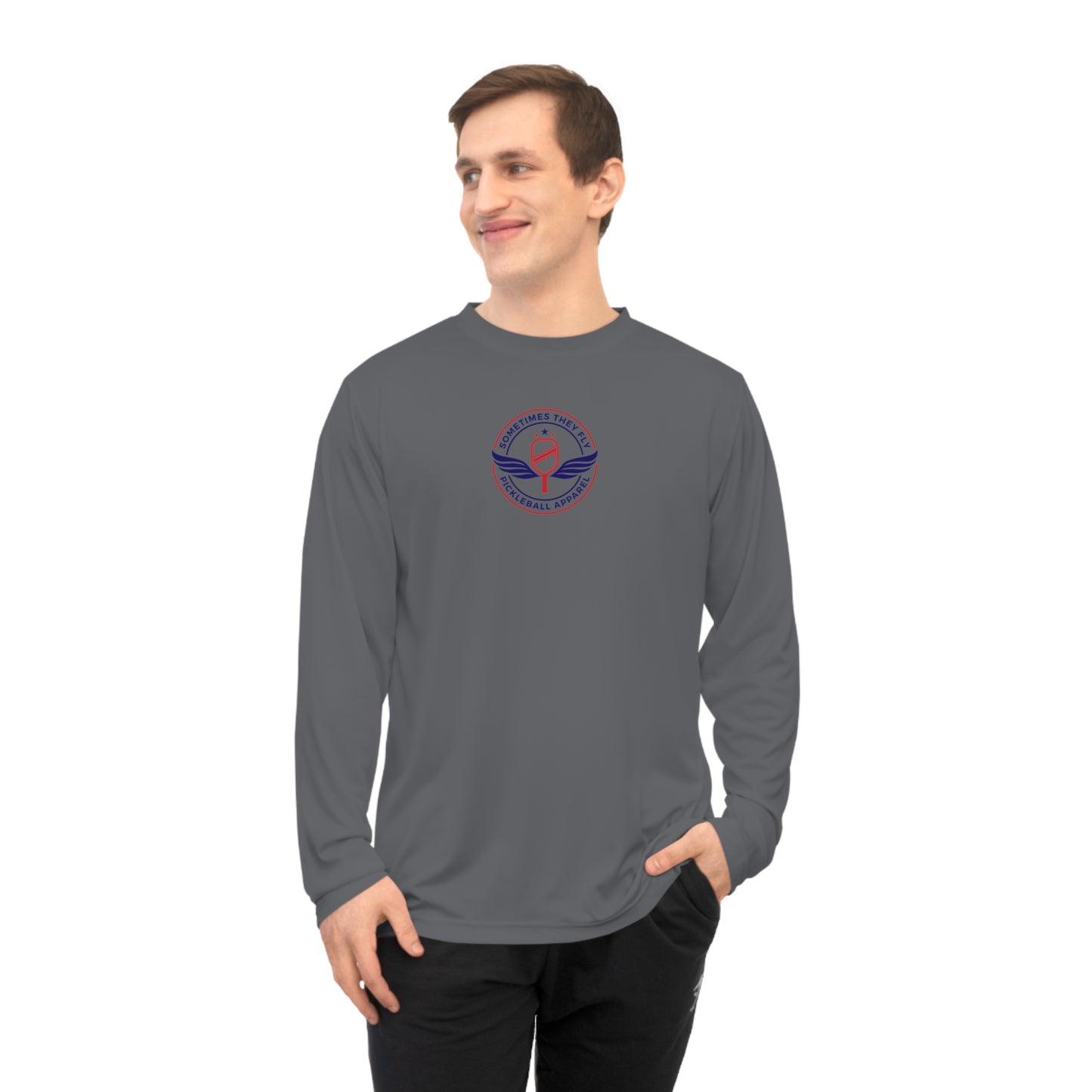 Sometimes they fly long Pickleball sleeve colored logo only men’s performance sports shirt Grey