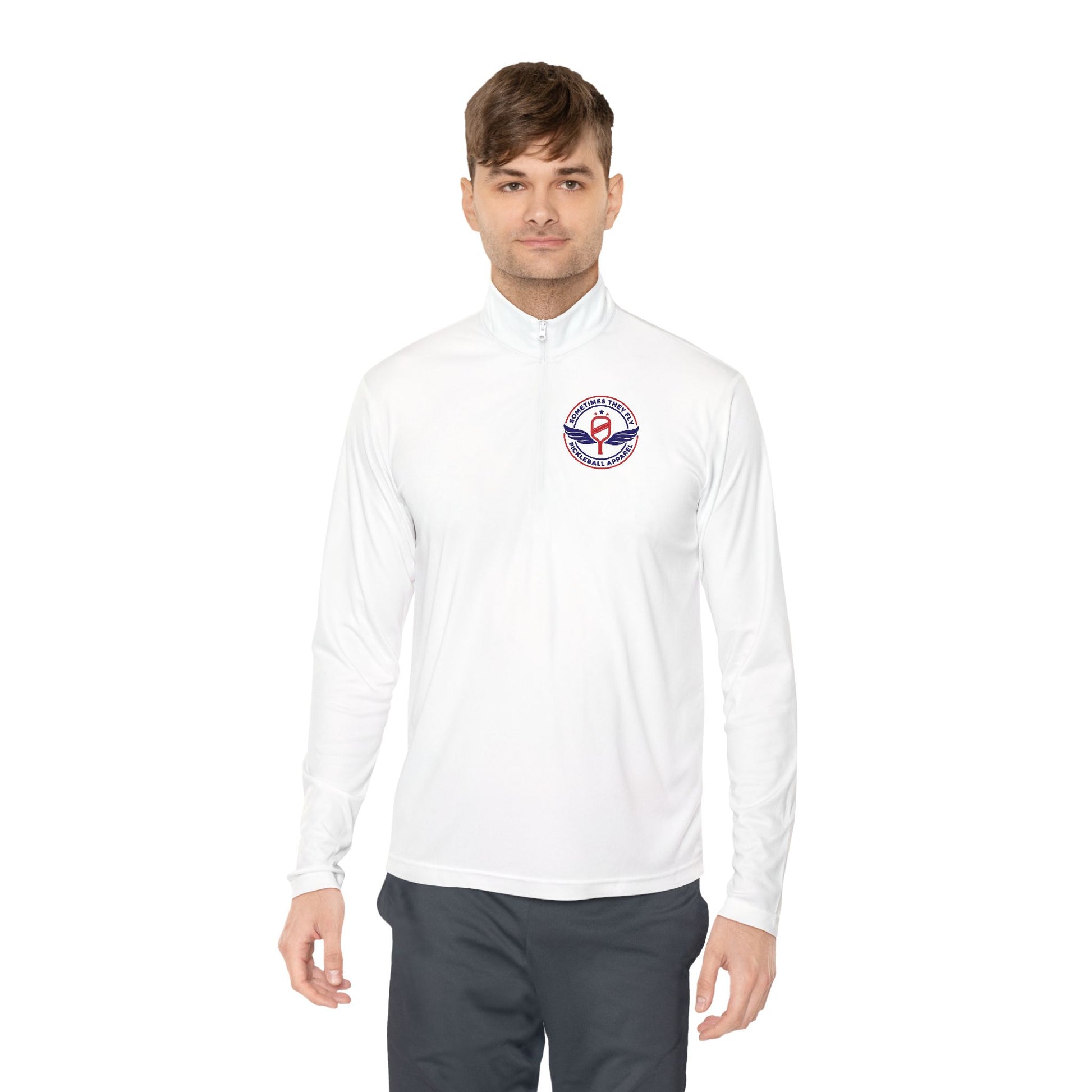 Sometimes they fly long Pickleball sleeve colored logo only performance sports white men’s quarter-zip