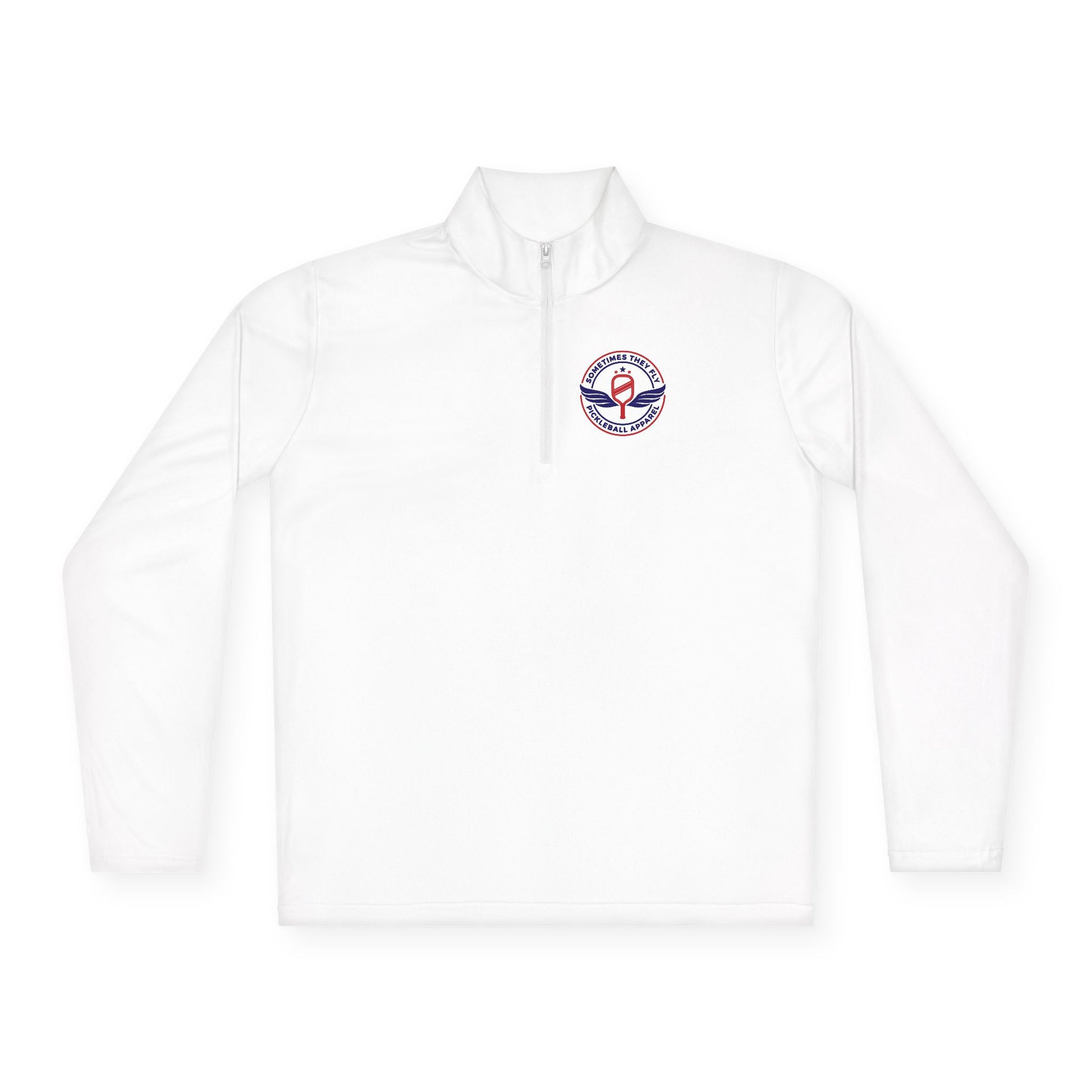 Sometimes they fly long Pickleball sleeve colored logo only performance sports white quarter-zip