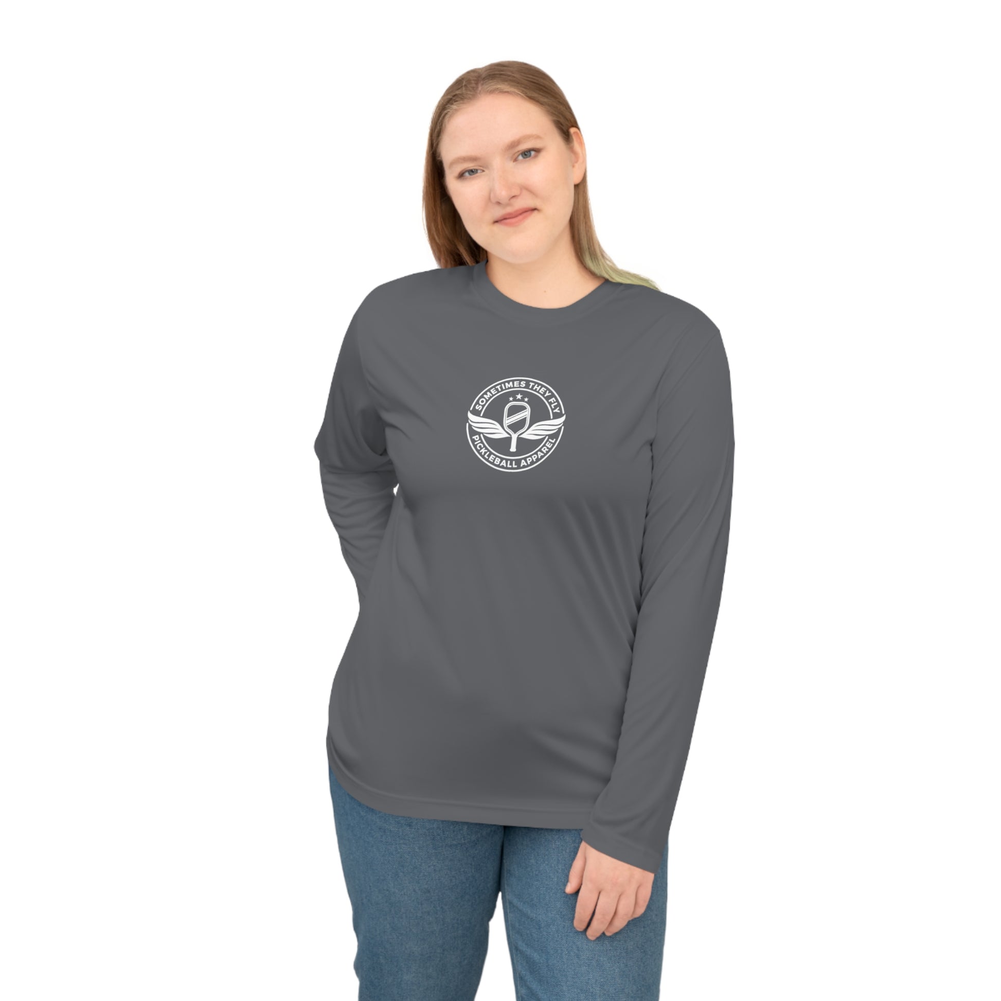 Sometimes they fly long sleeve Pickleball logo only Women’s performance sports shirt grey