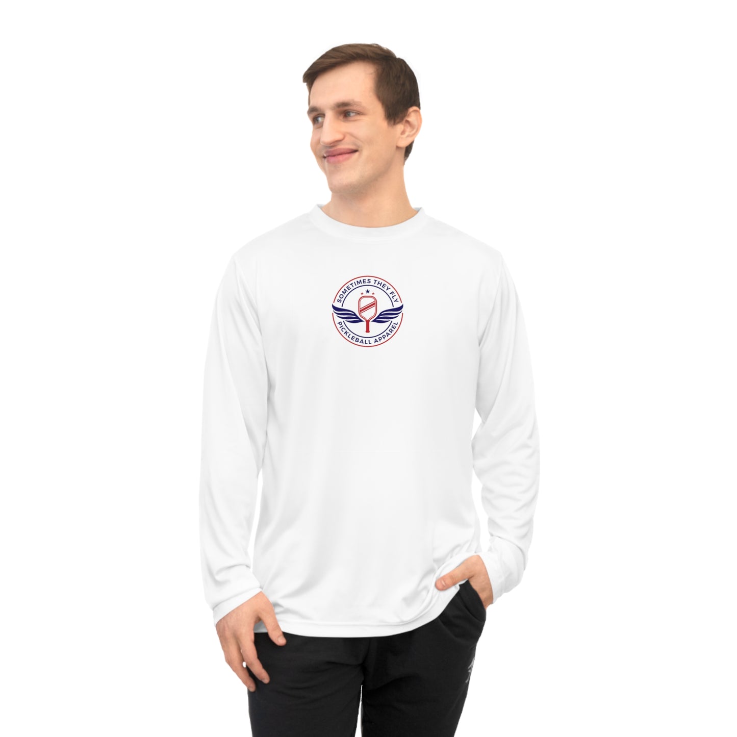 Sometimes they fly long Pickleball sleeve colored logo only Men’s performance sports shirt white