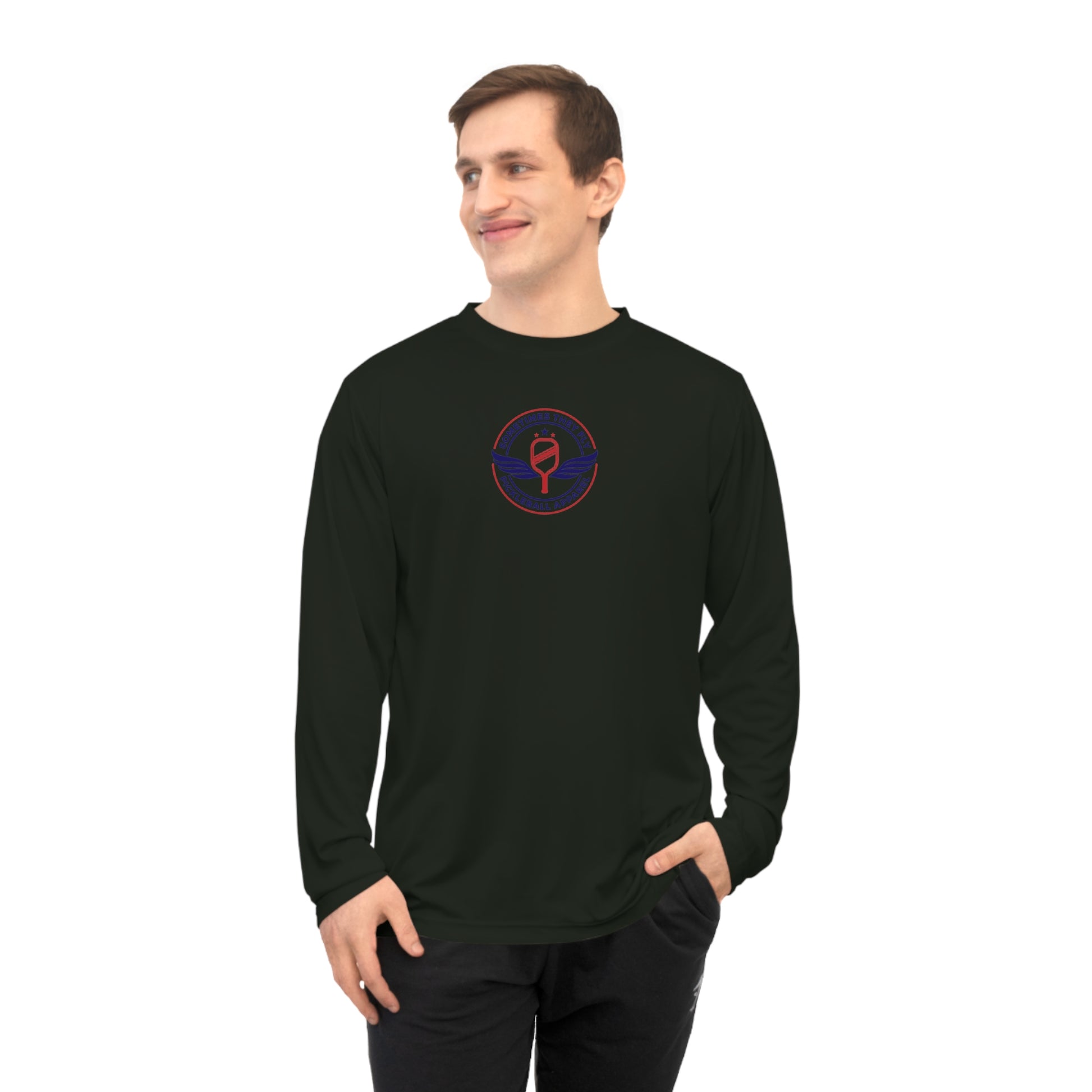 Sometimes they fly long Pickleball sleeve colored logo only Men’s performance sports shirt black 
