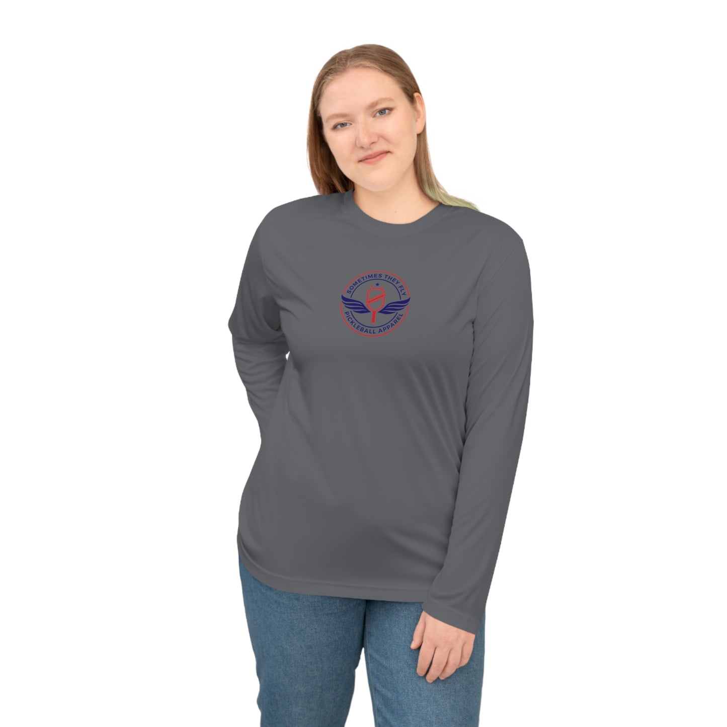 Sometimes they fly long Pickleball sleeve colored logo only women’s performance sports shirt Grey