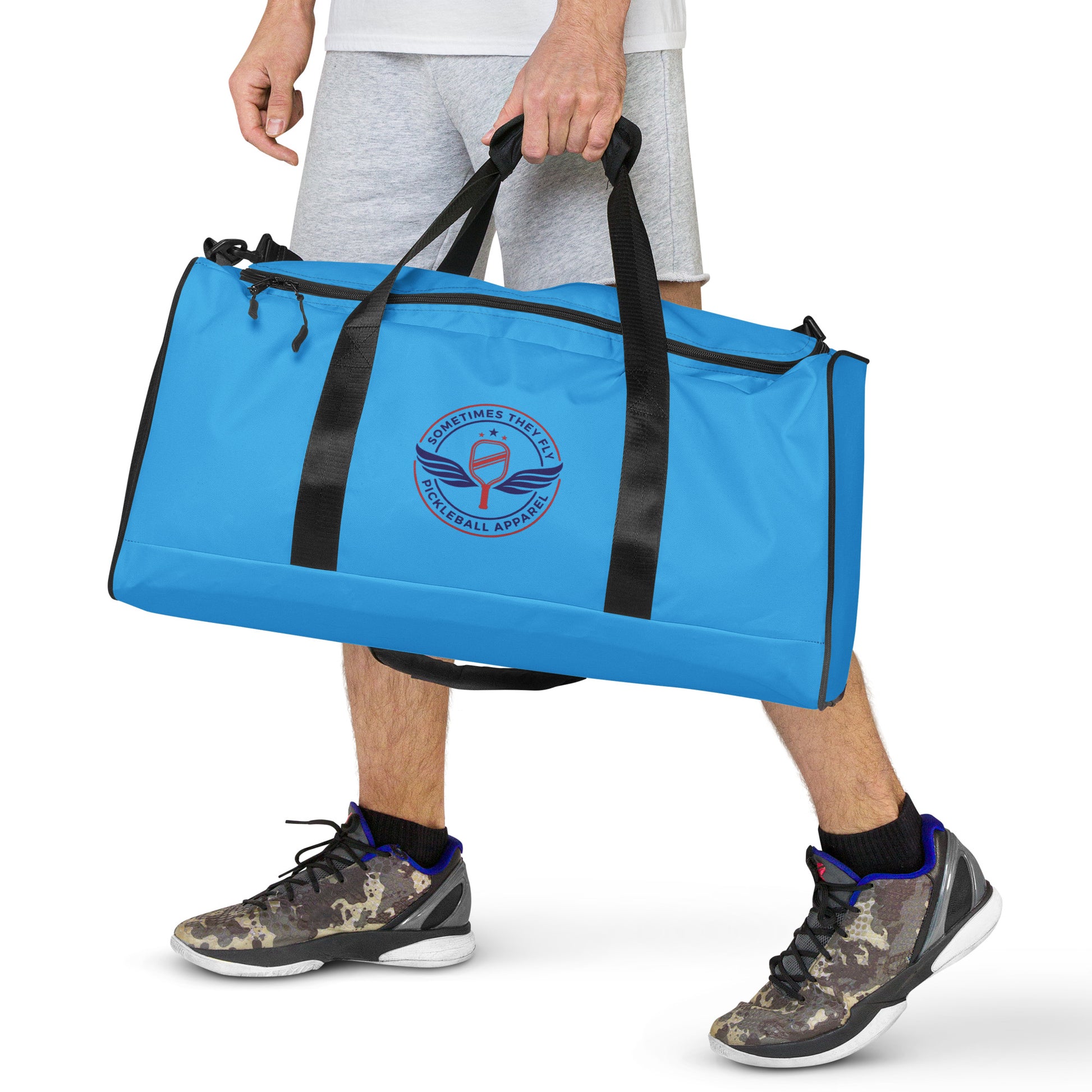 Sometimes They Fly ultra blue pickleball man duffle bag