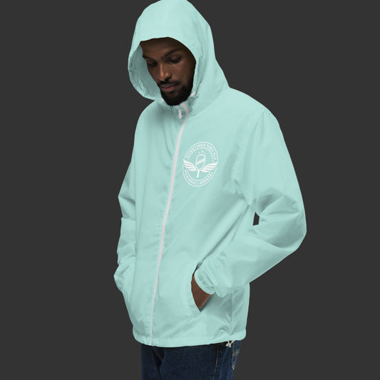 Sometimes they fly pickleball/athletic lightweight water proof windbreaker with pickleball holding pockets aqua blue and white zipper