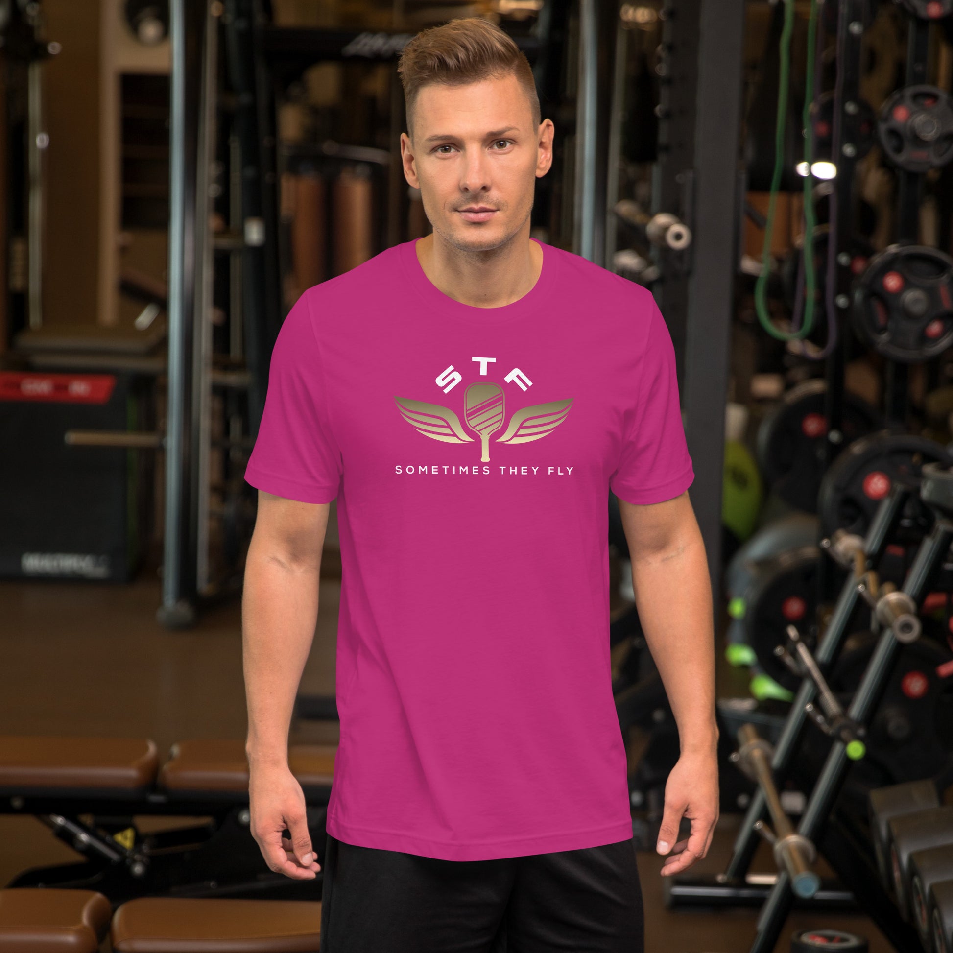 Sometimes they fly pickleball/casual/gym shirt pink big gold logo