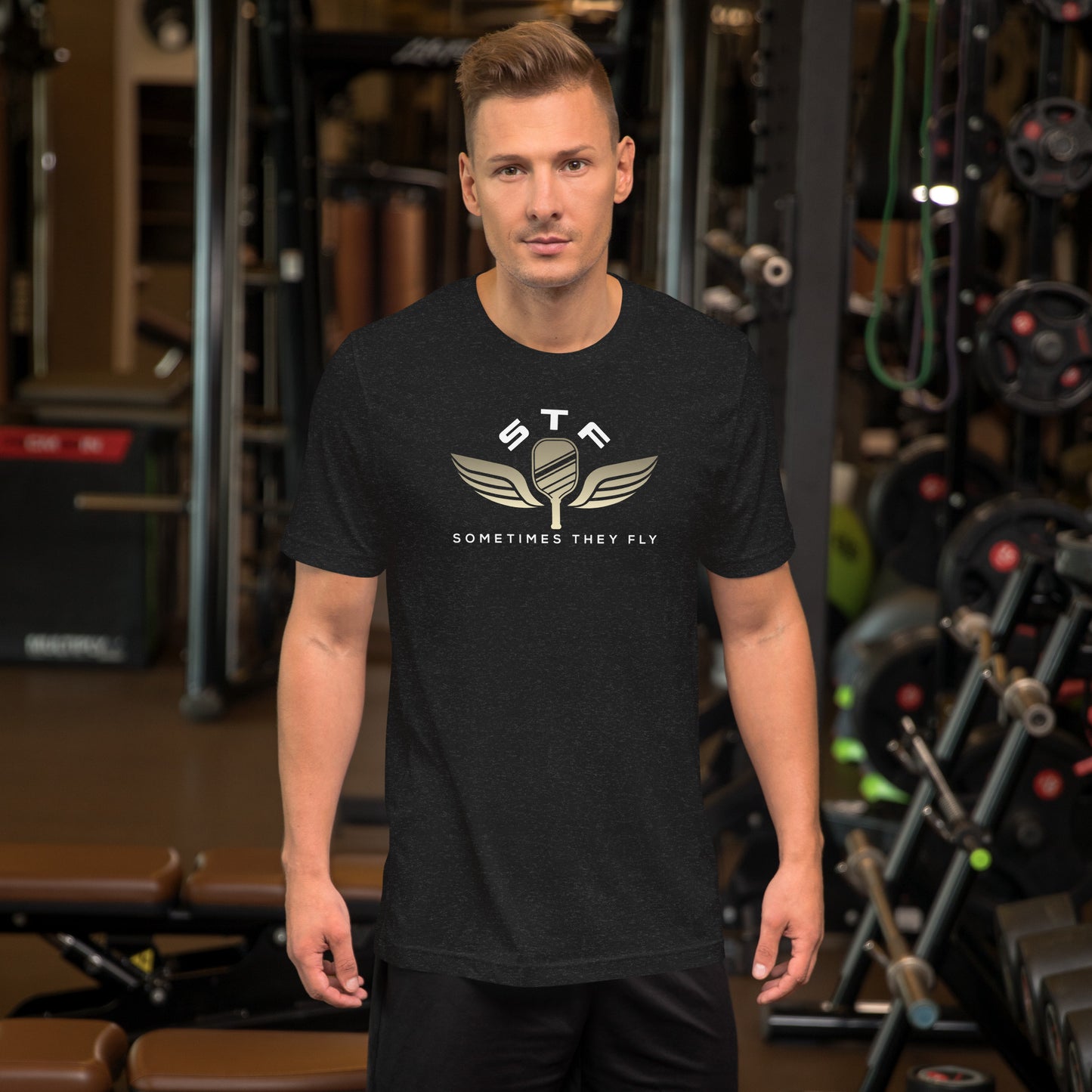 Sometimes they fly pickleball/casual/gym shirt black big gold logo 