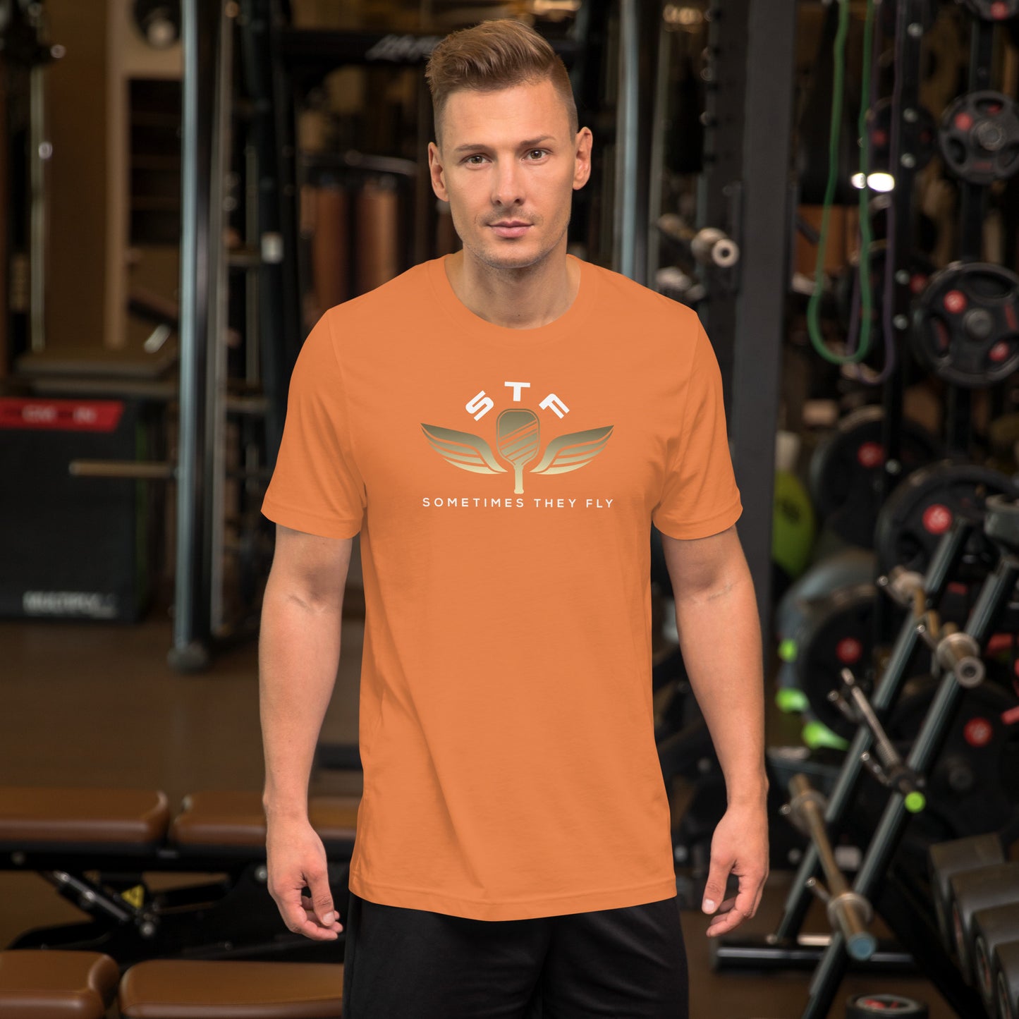 Sometimes they fly pickleball/casual/gym shirt burnt orange big gold logo