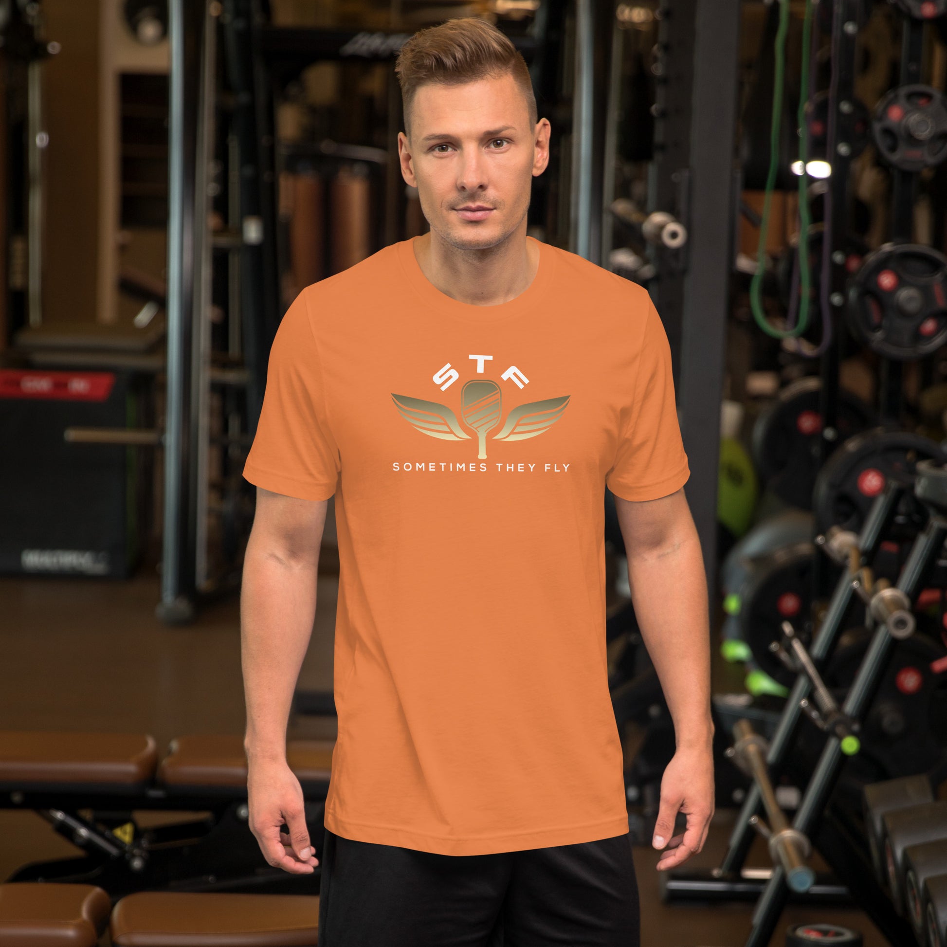 Sometimes they fly pickleball/casual/gym shirt burnt orange big gold logo