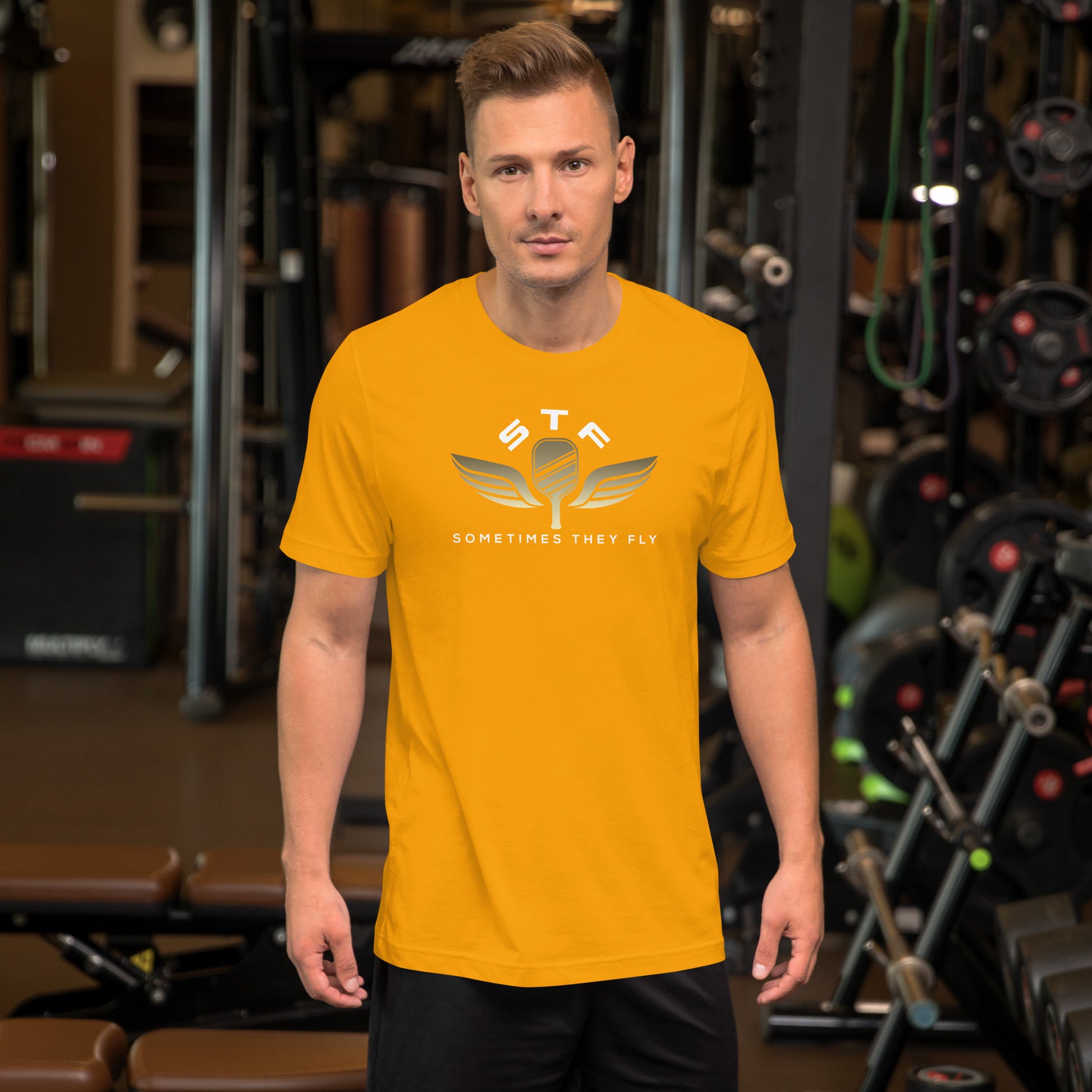 Sometimes they fly pickleball/casual/gym shirt gold big gold logo