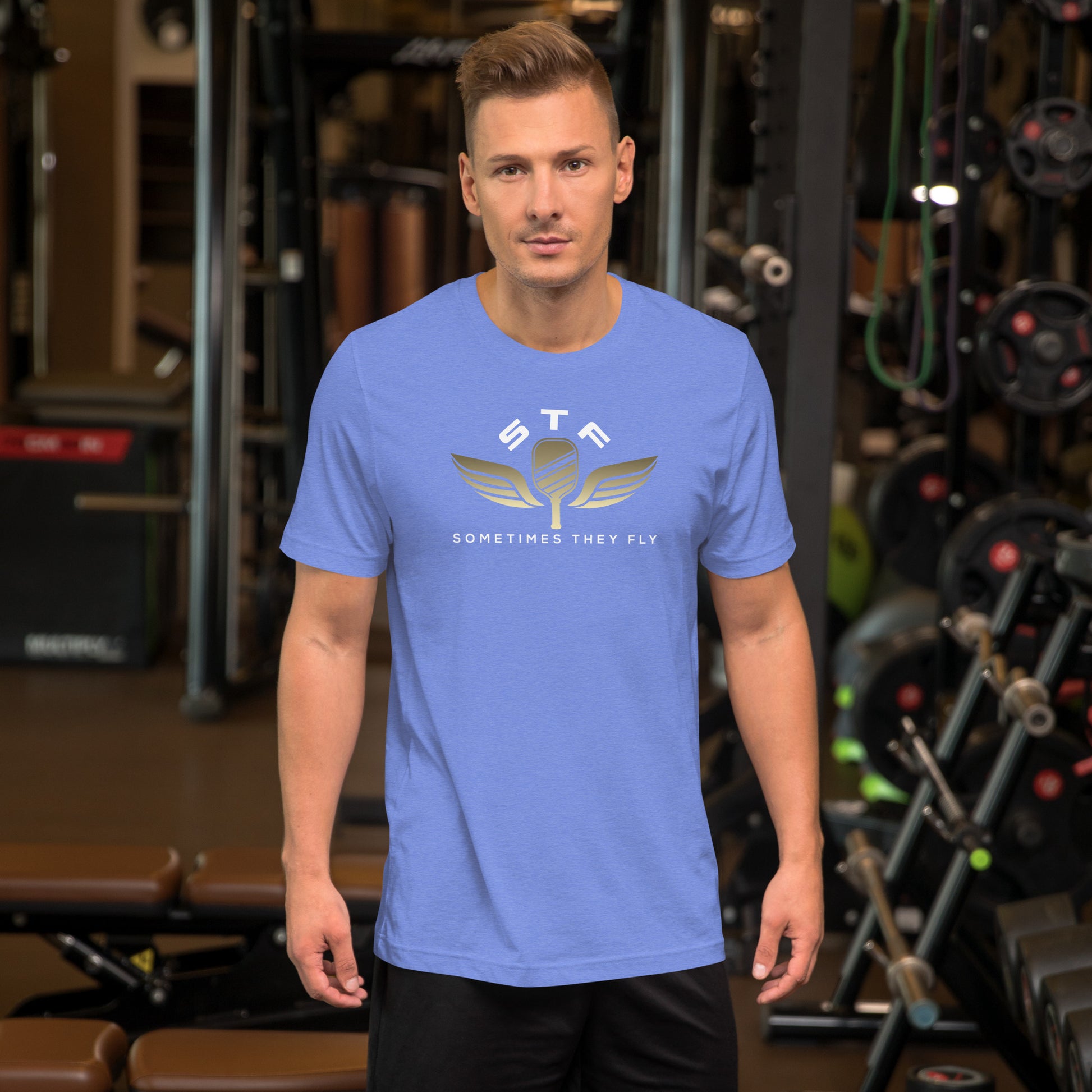 Sometimes they fly pickleball/casual/gym shirt heather Columbia blue big gold logo