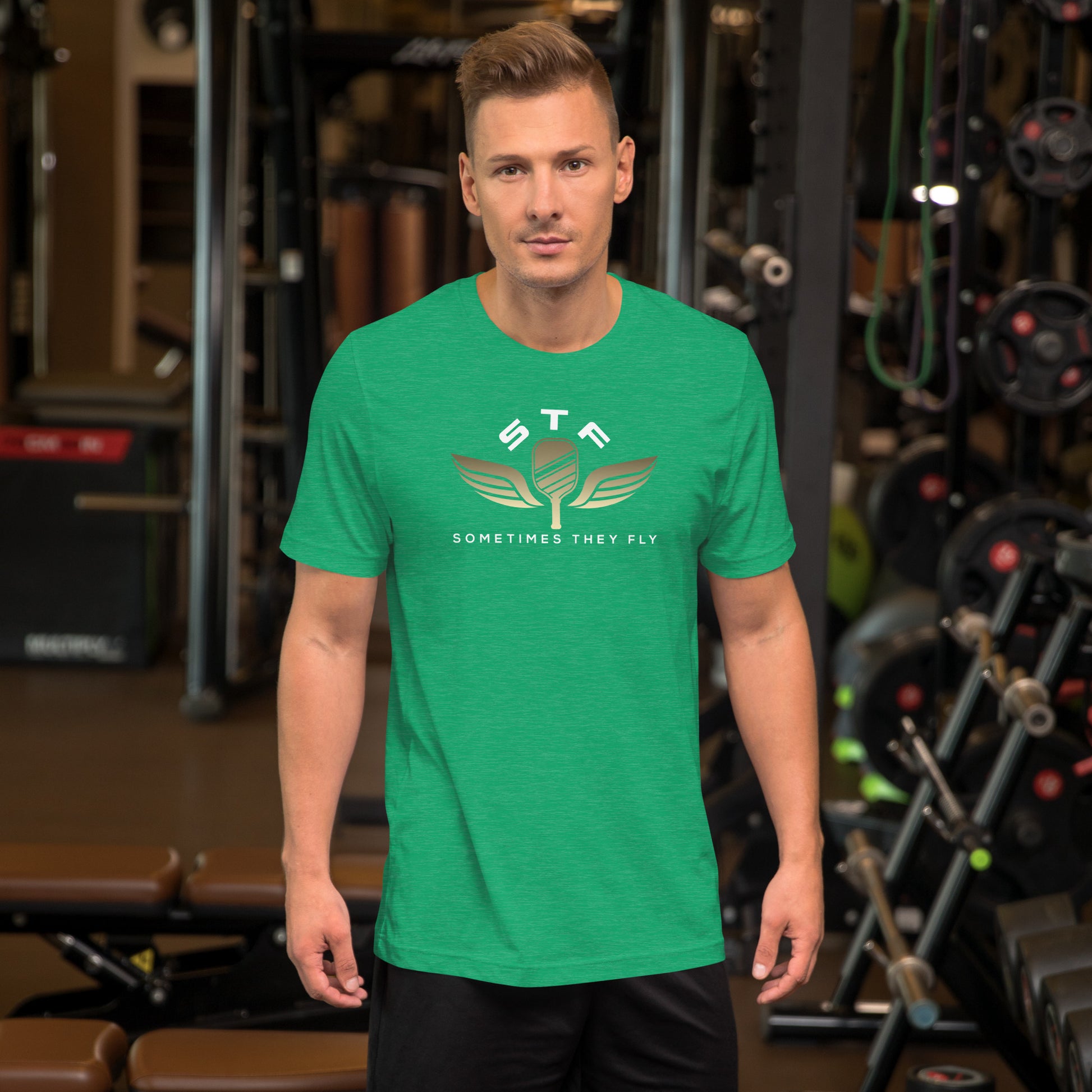 Sometimes they fly pickleball/casual/gym shirt green big gold logo