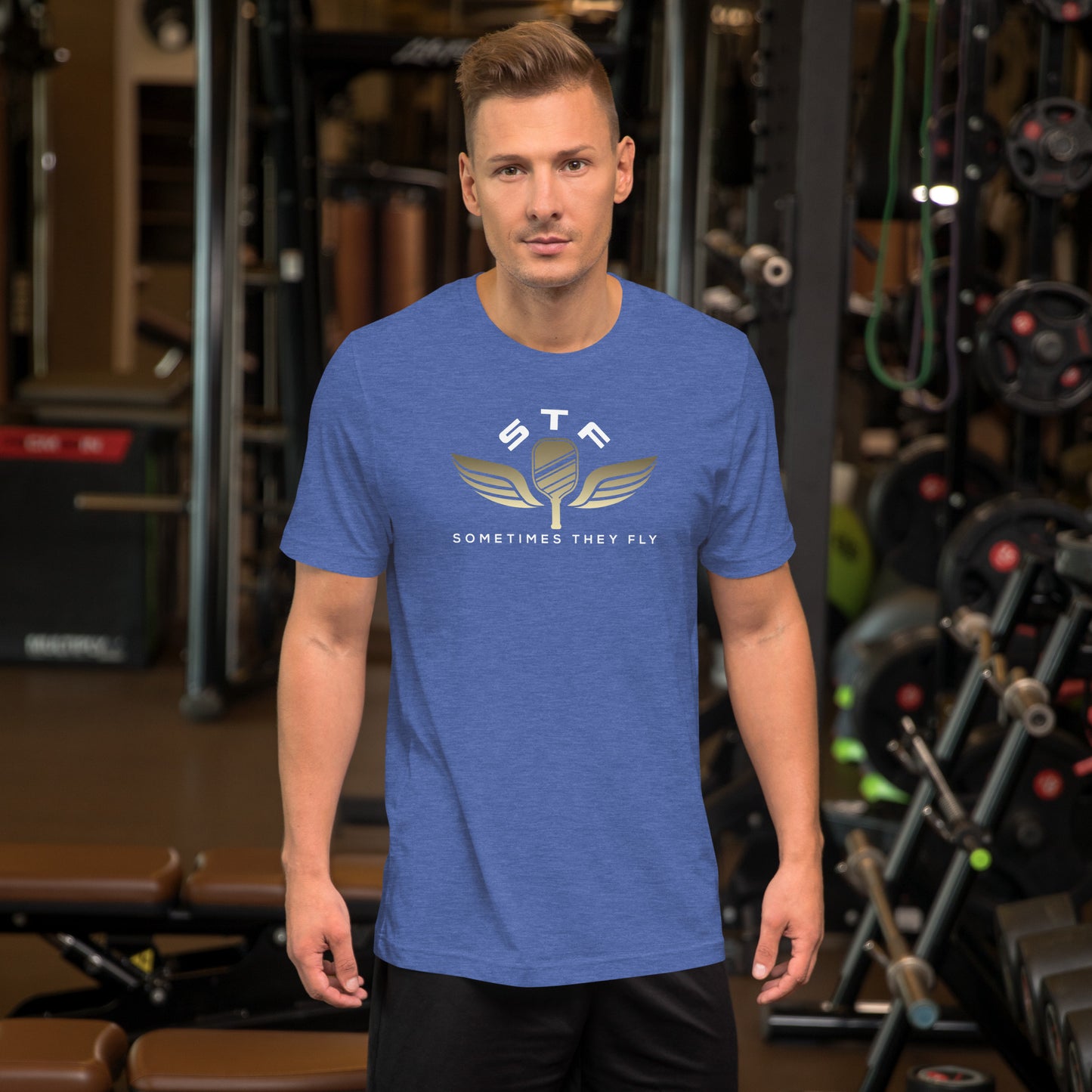 Sometimes they fly pickleball/casual/gym shirt blue big gold logo