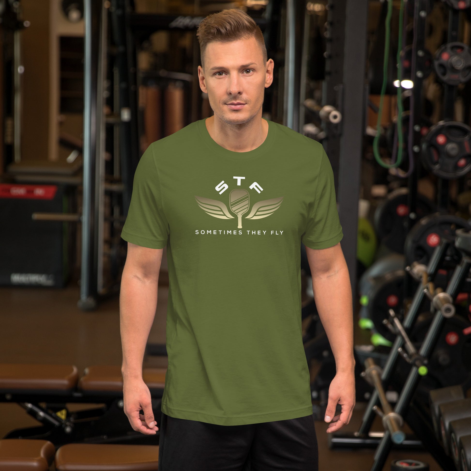 Sometimes they fly pickleball/casual/gym shirt green big gold logo