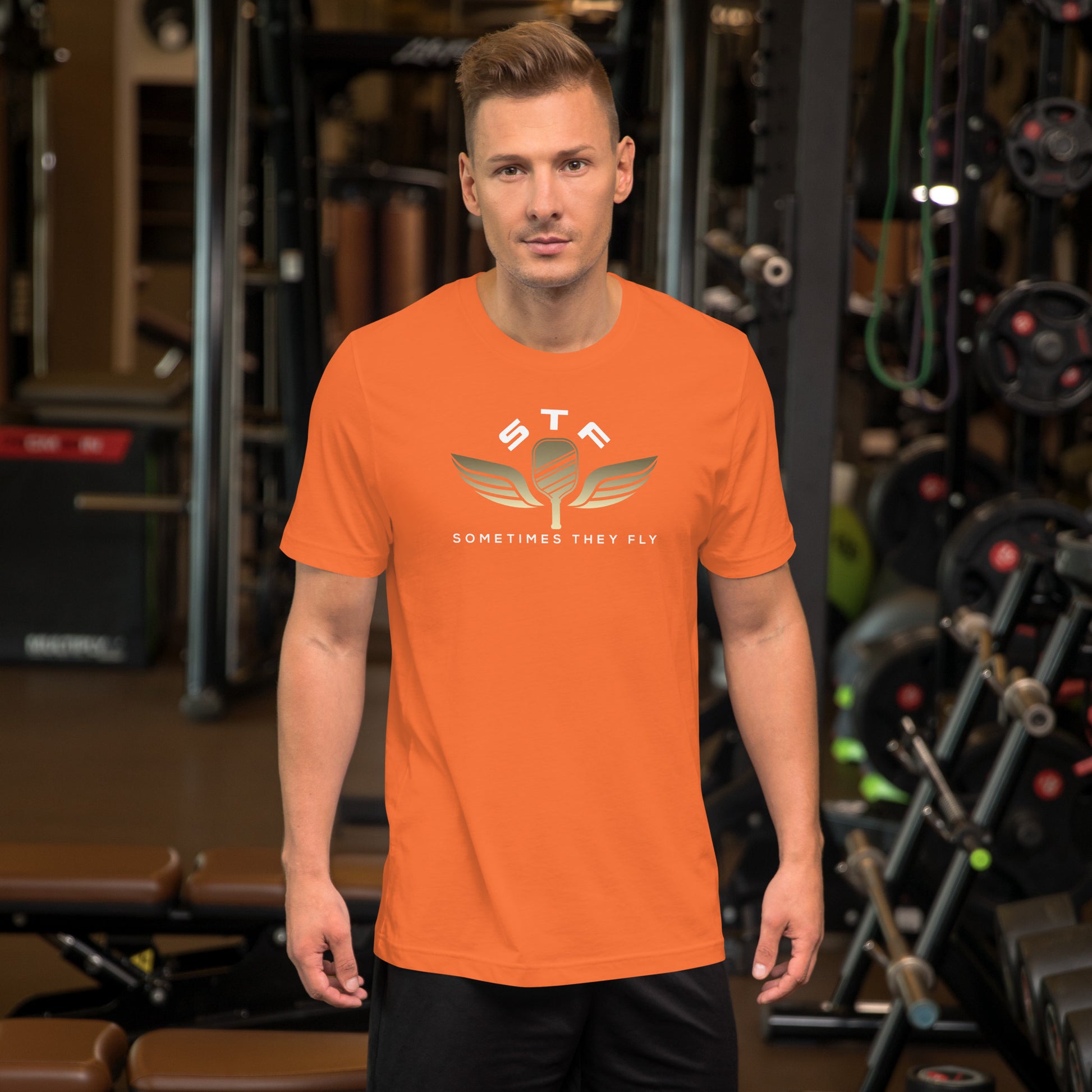 Sometimes they fly pickleball/casual/gym shirt bright orange big gold logo