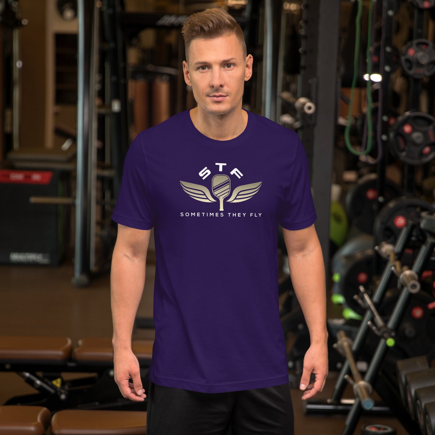 Sometimes they fly pickleball/casual/gym shirt black big gold logo purple