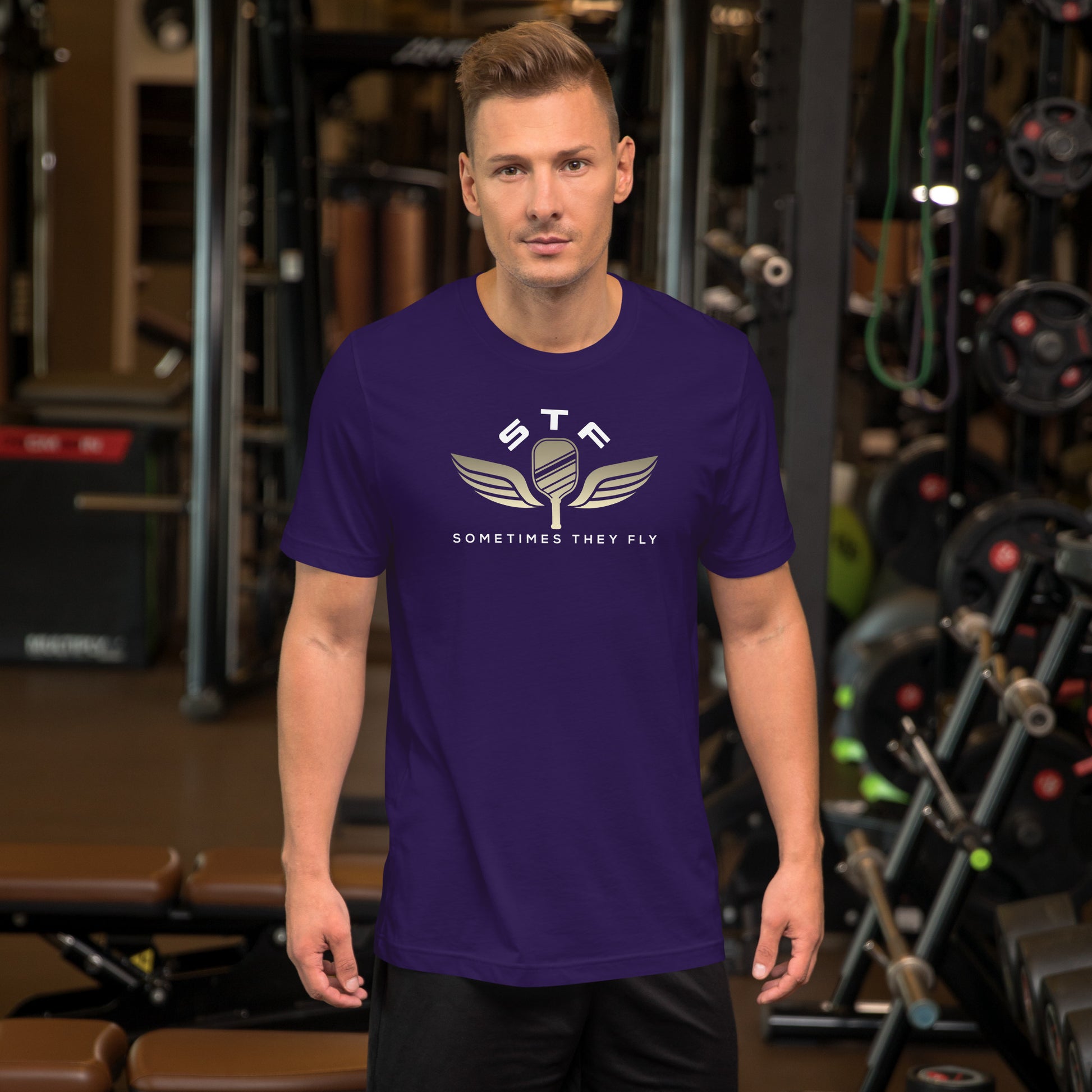 Sometimes they fly pickleball/casual/gym shirt black big gold logo purple