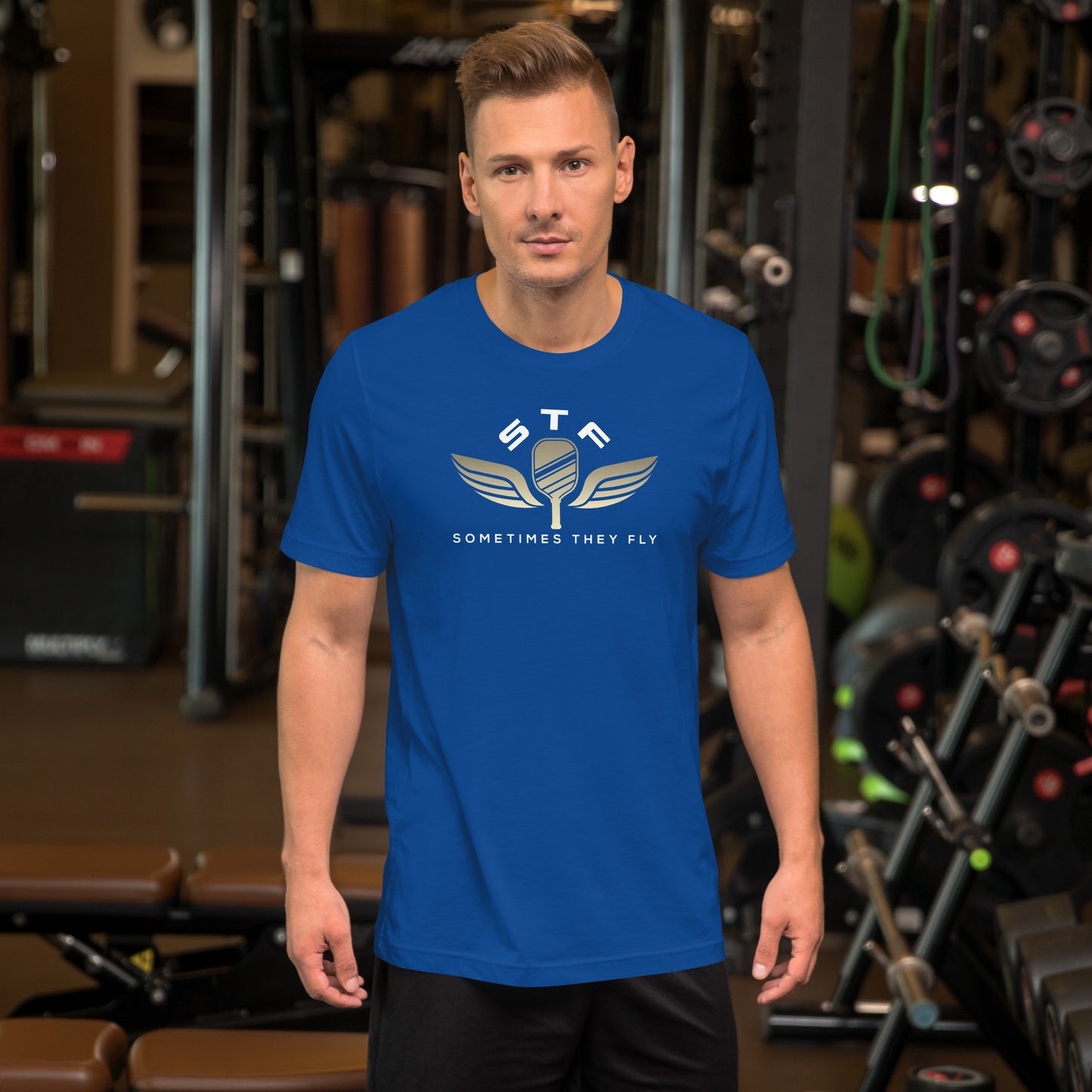 Sometimes they fly pickleball/casual/gym shirt blue big gold logo