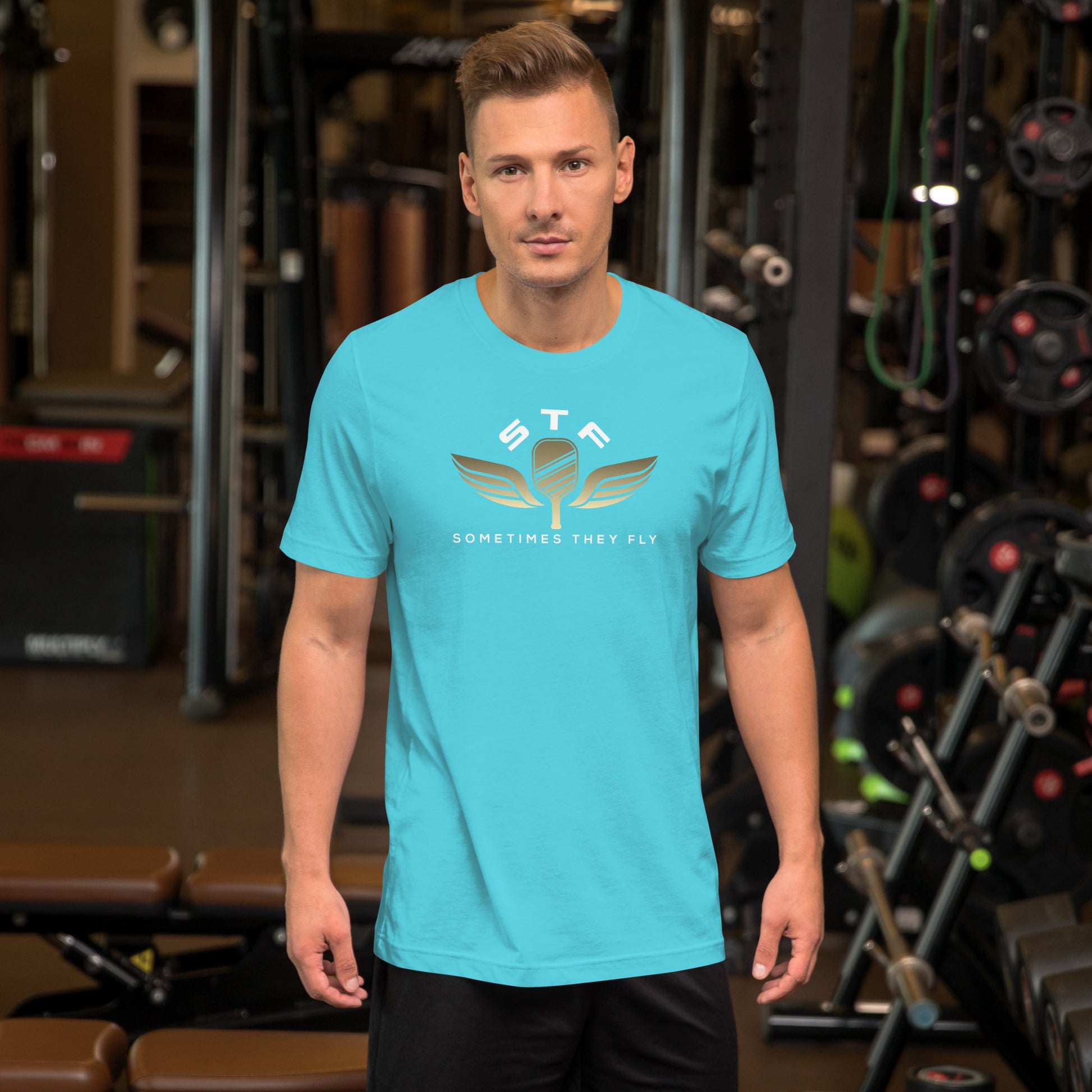Sometimes they fly pickleball/casual/gym shirt turquoise big gold logo